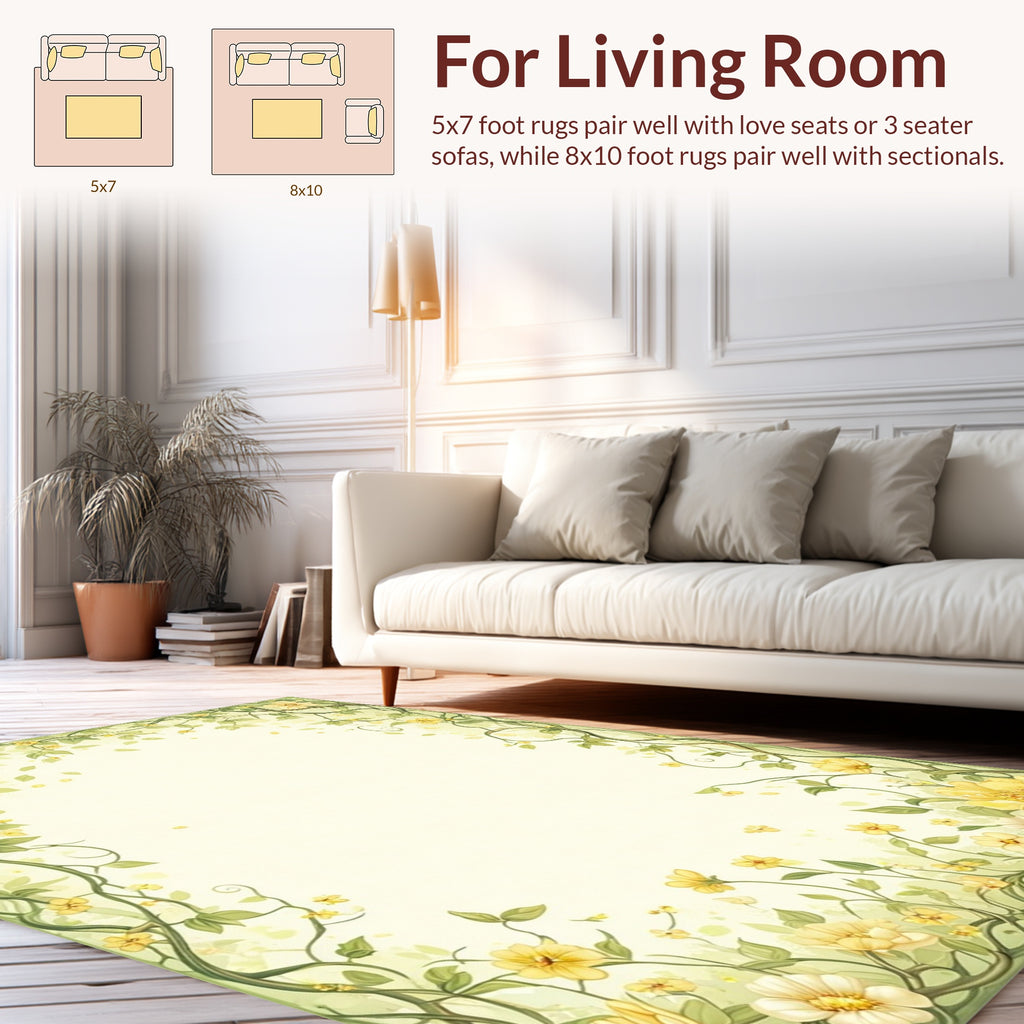 Whimsical Yellow Floral Vine Pattern Rug