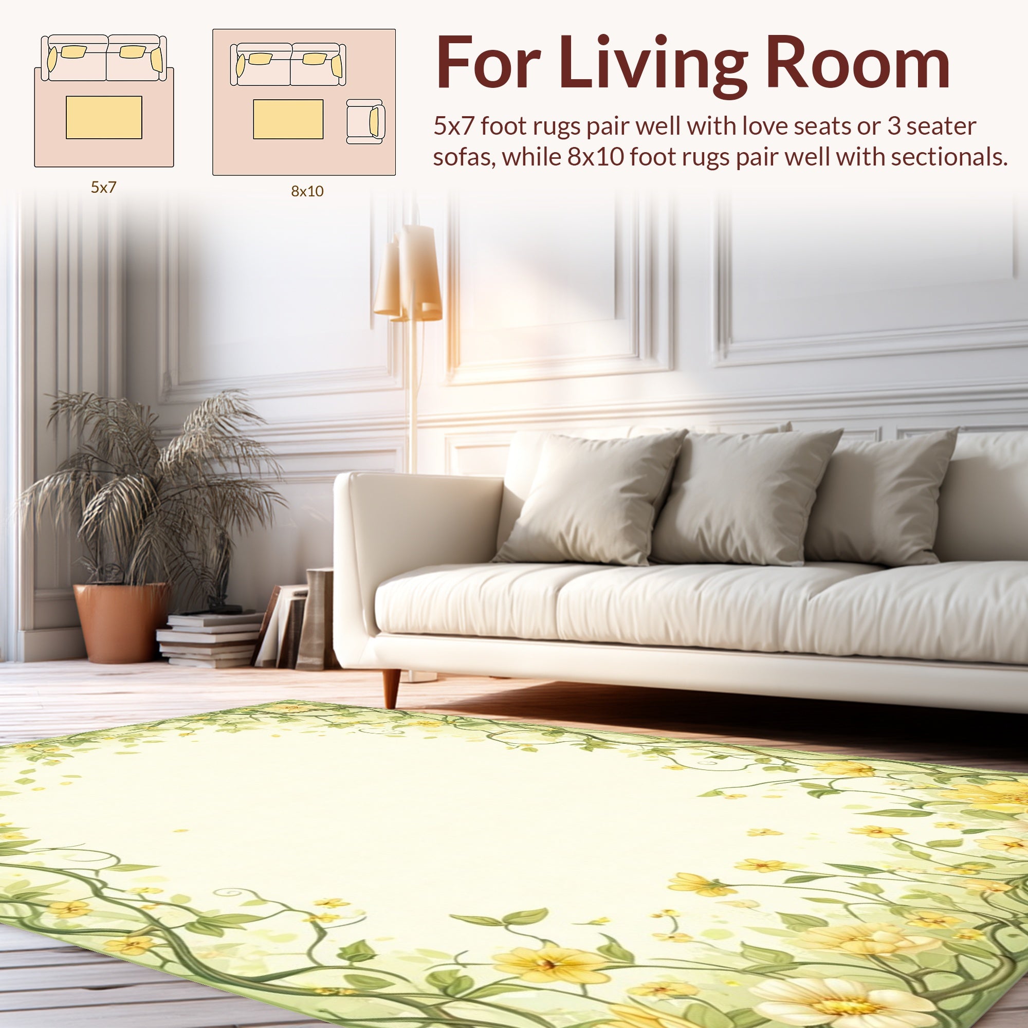Whimsical Yellow Floral Vine Pattern Rug