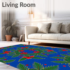 Festive Red Bow Green Pine Wreath Blue Rug
