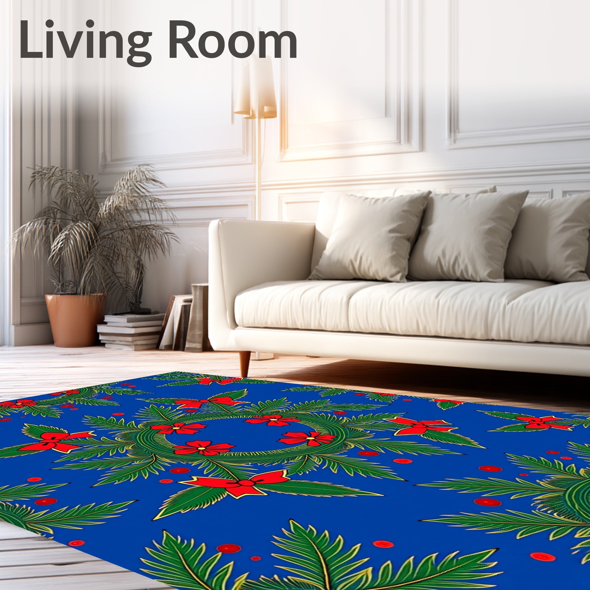 Festive Red Bow Green Pine Wreath Blue Rug