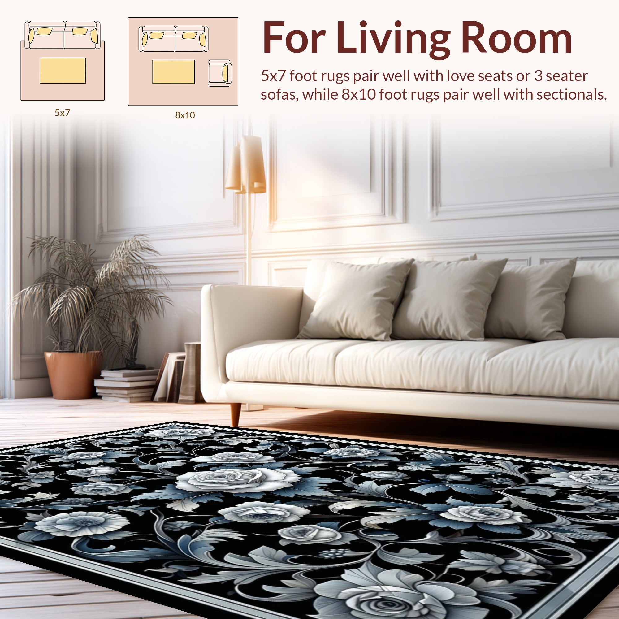 Tonal Gray Floral Flourish Design Rug