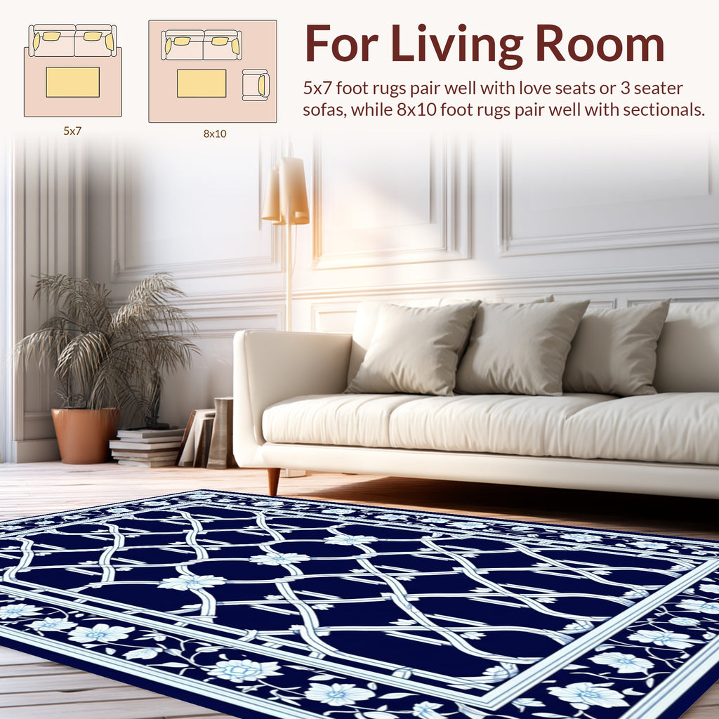 Elegant Blue Floral Lattice Design Rug