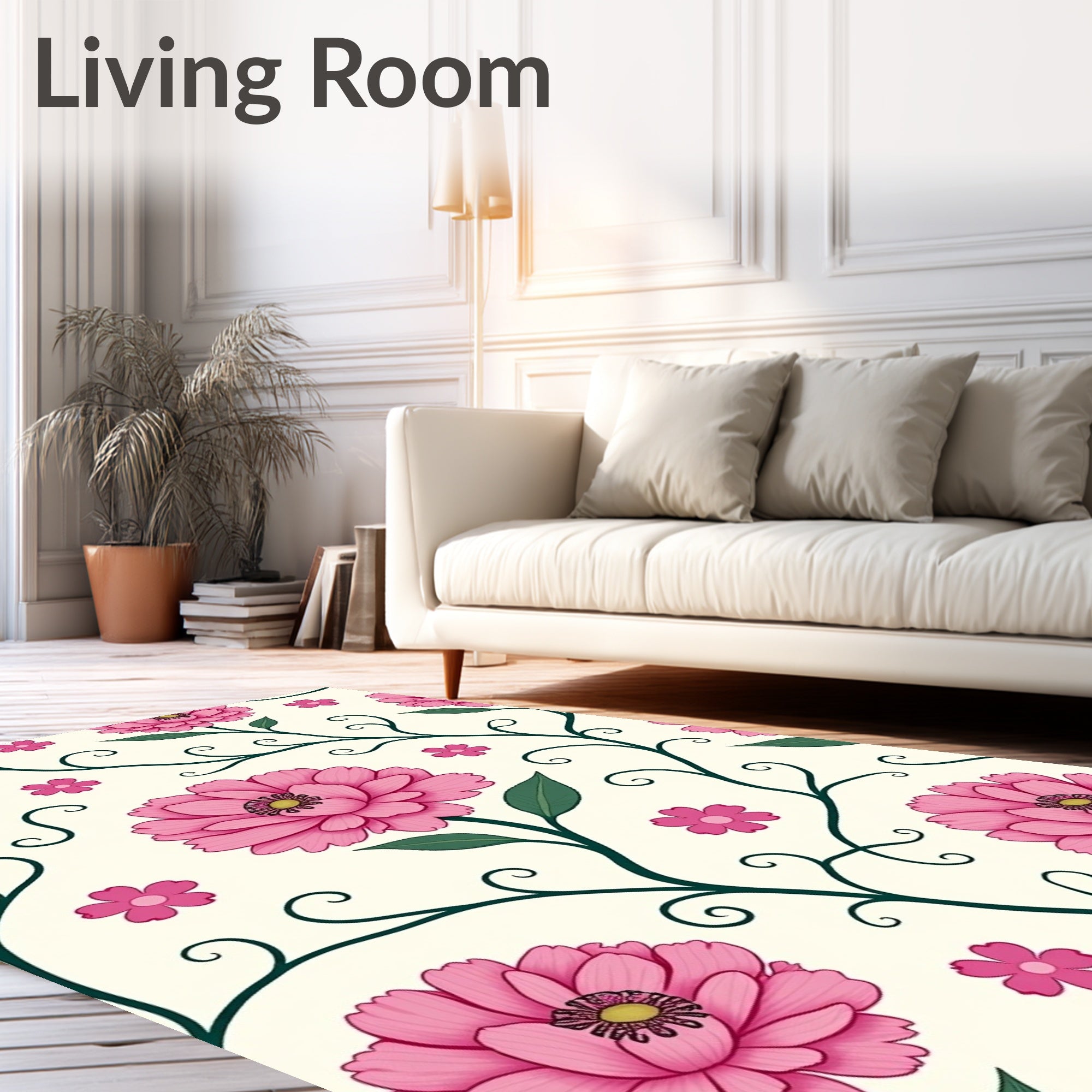 Pink Peony Blossom Vine Swirls Rug