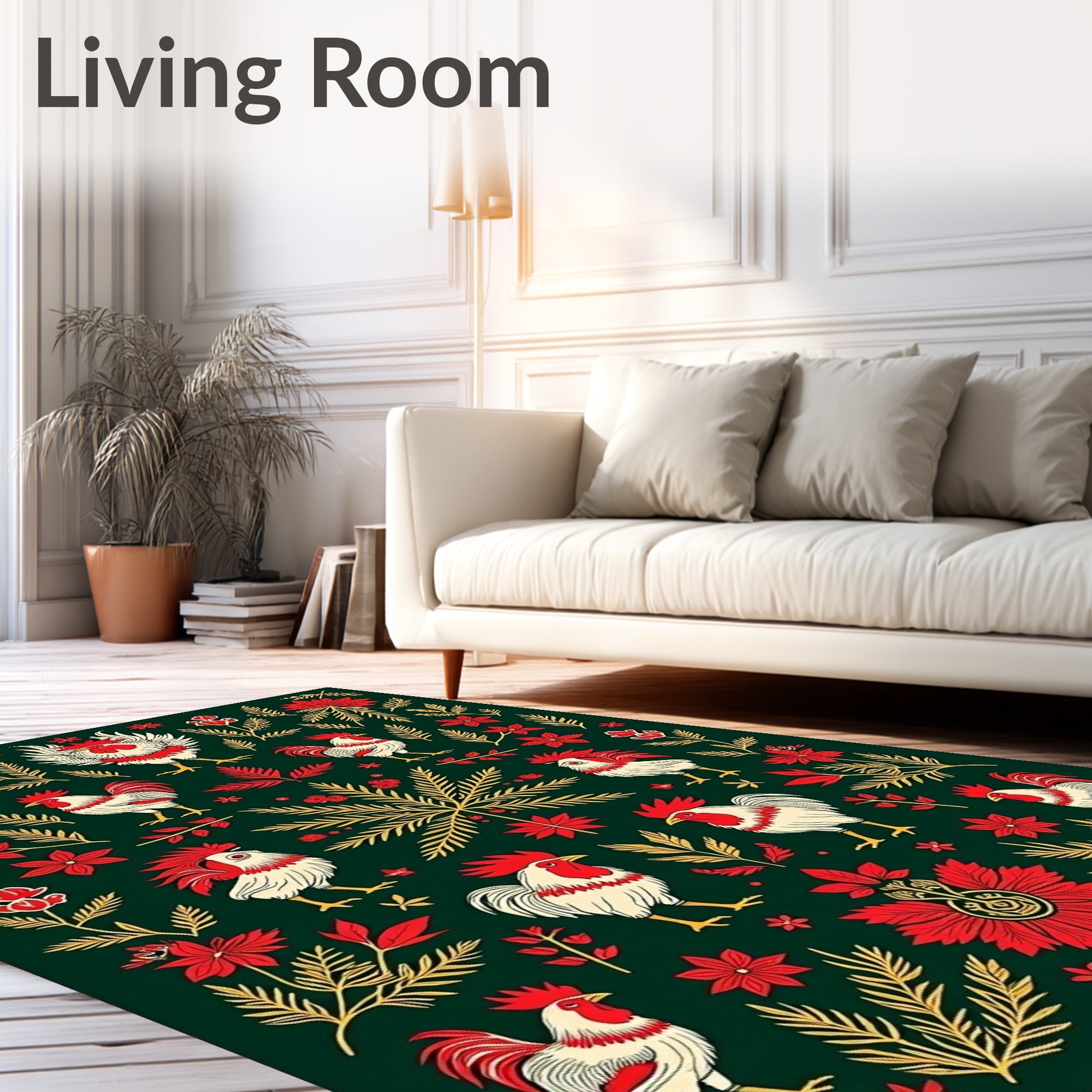 Folk Rooster Floral and Foliage Rug