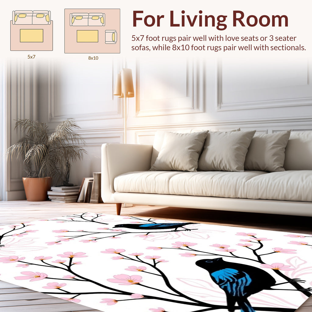 Black Bird Pink Blossom Pattern Rug