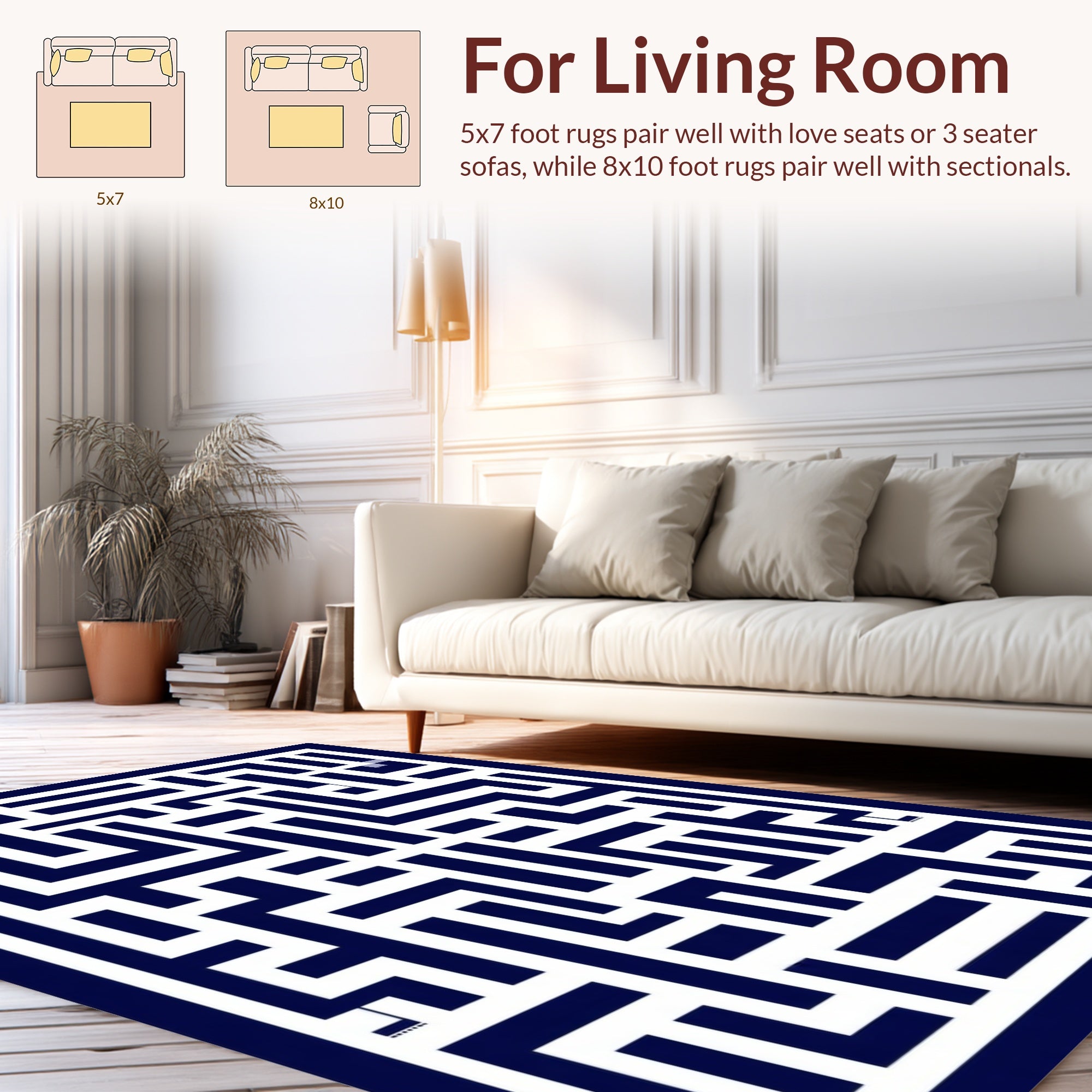 Navy White Geometric Maze Pattern Rug