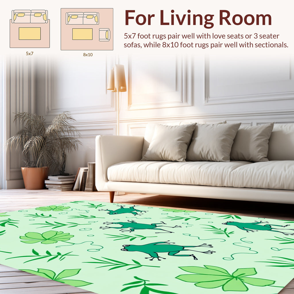 Playful Frogs Among Green Leaves Pattern Rug