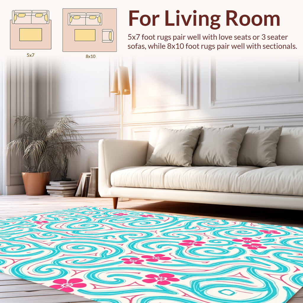Whimsical Turquoise Coral Floral Swirls Rug