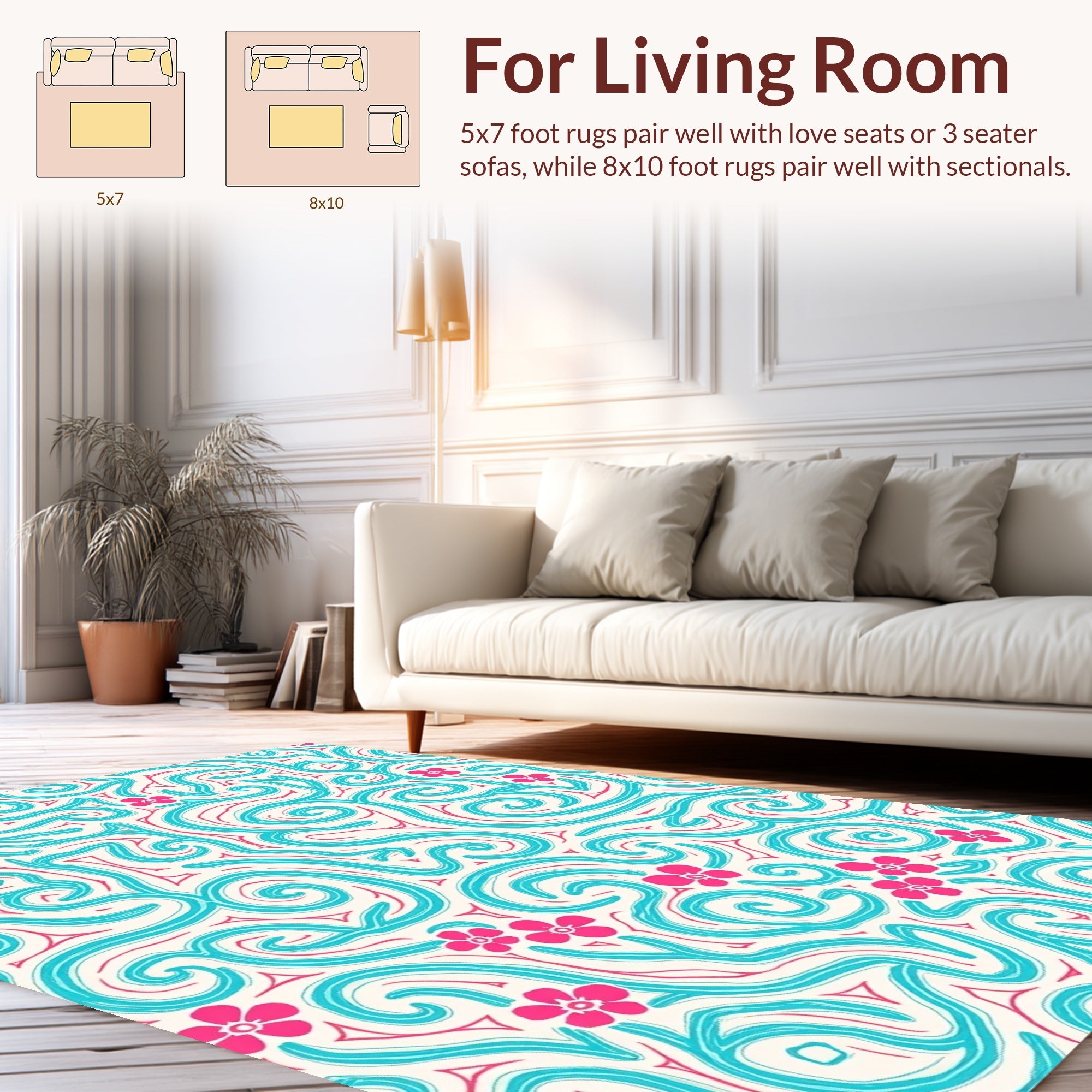 Whimsical Turquoise Coral Floral Swirls Rug