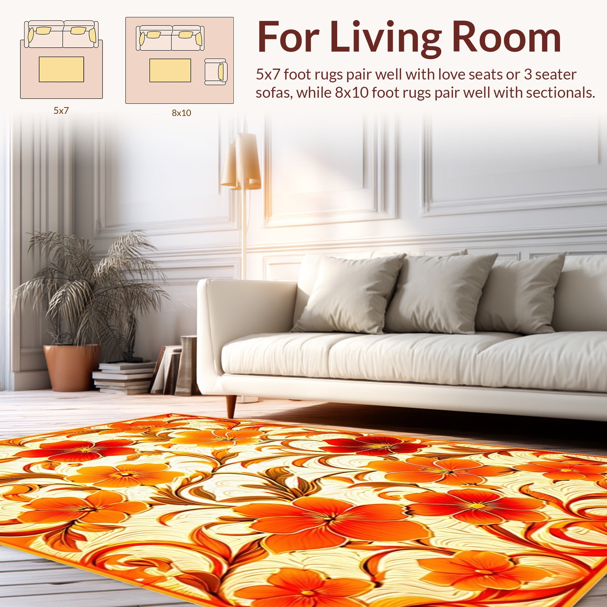 Vivid Floral Pattern Orange Design Rug