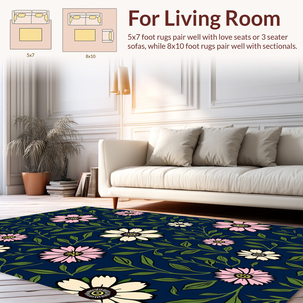 Floral Botanical Design On Navy Canvas Rug