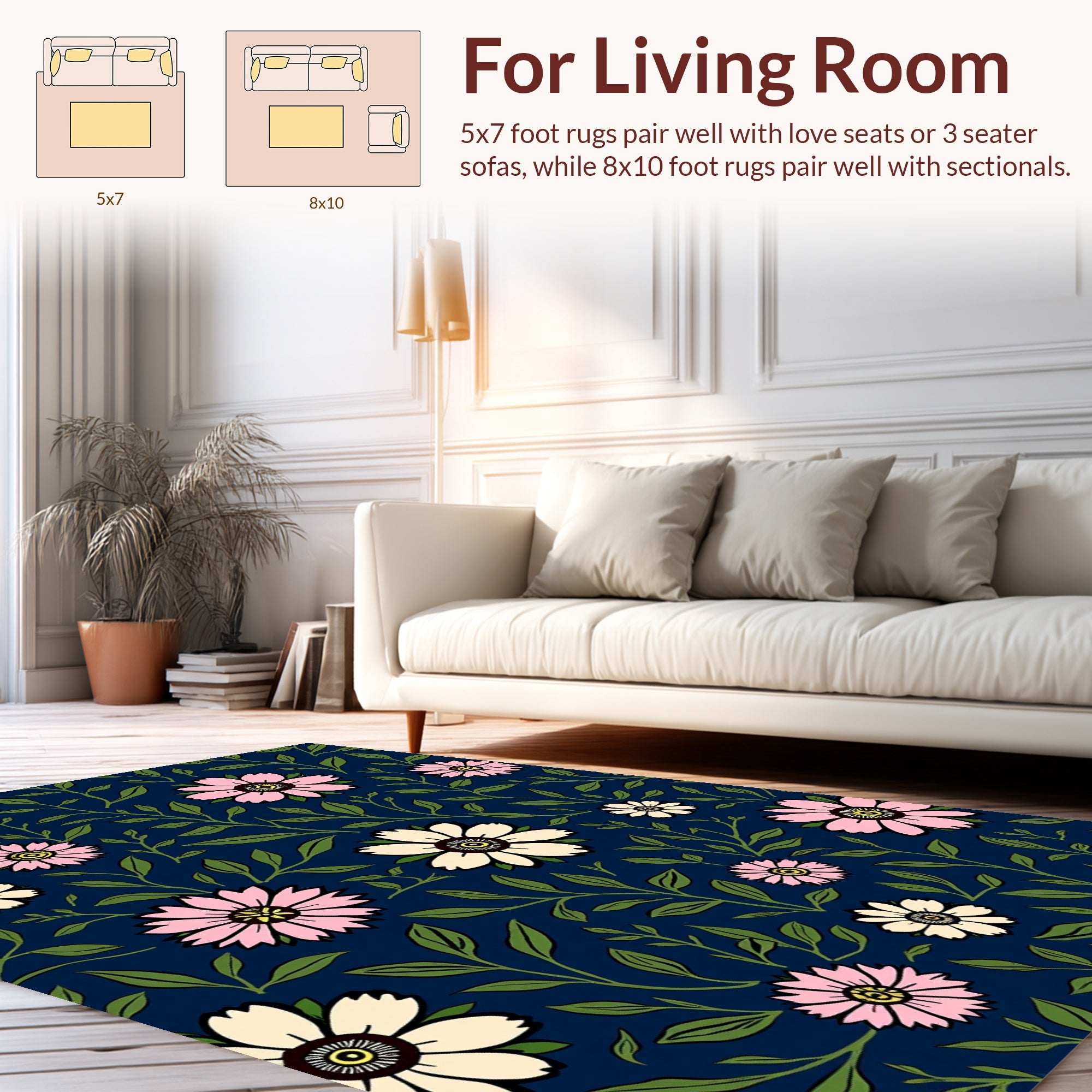 Floral Botanical Design On Navy Canvas Rug