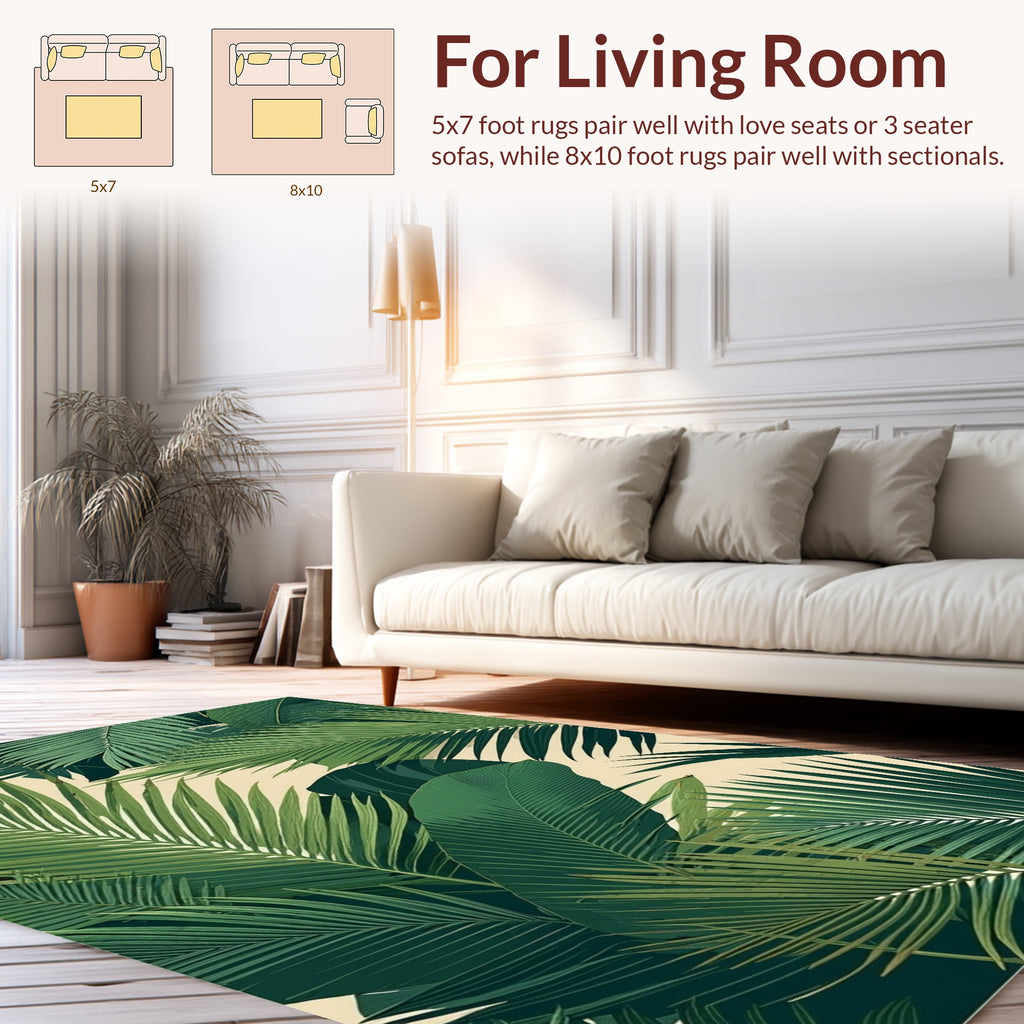 Lush Green Tropical Leaf Pattern Rug
