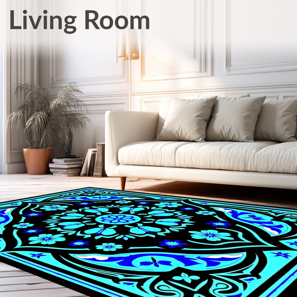 Vibrant Blue Black Floral Mandala Rug