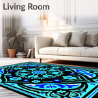Vibrant Blue Black Floral Mandala Rug