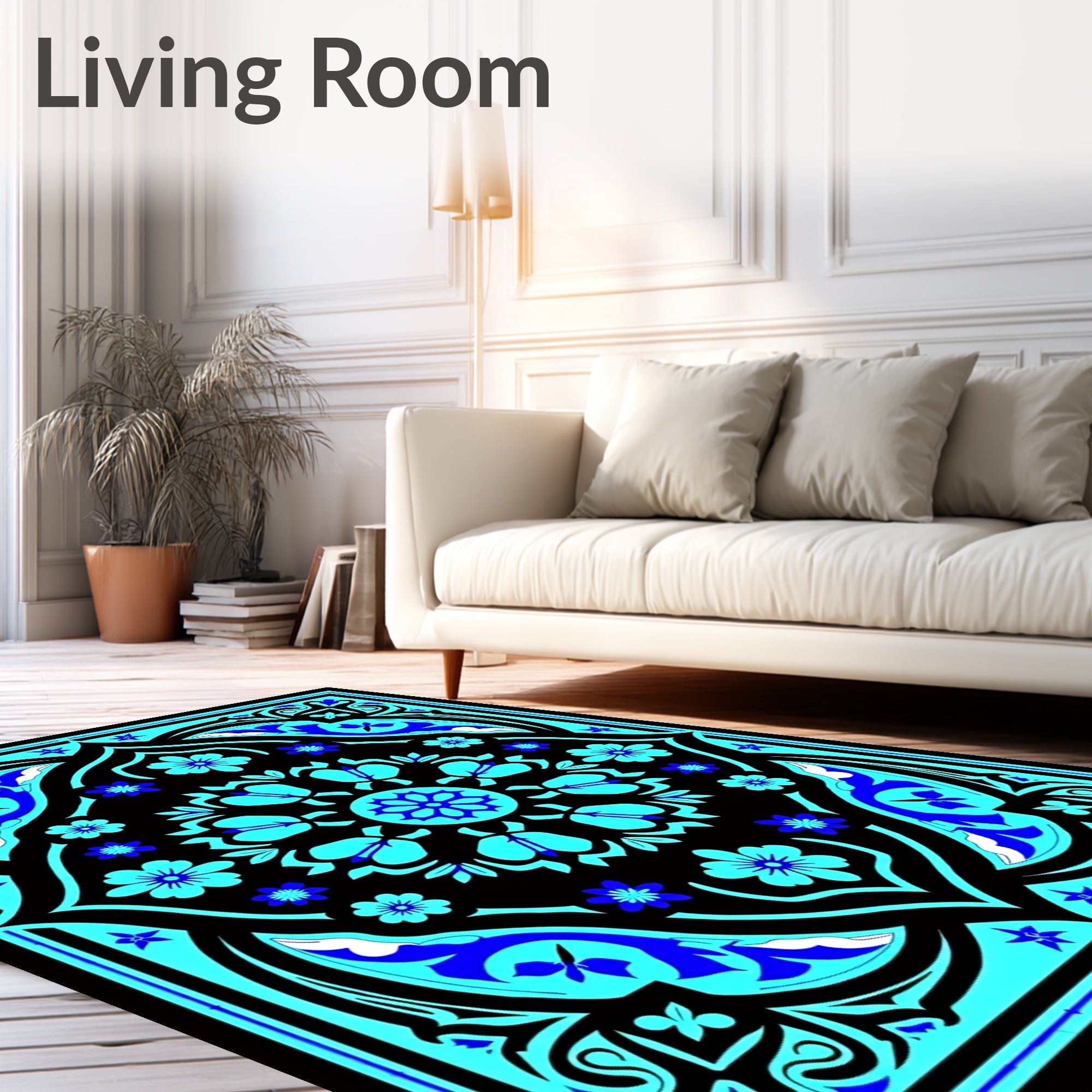 Vibrant Blue Black Floral Mandala Rug