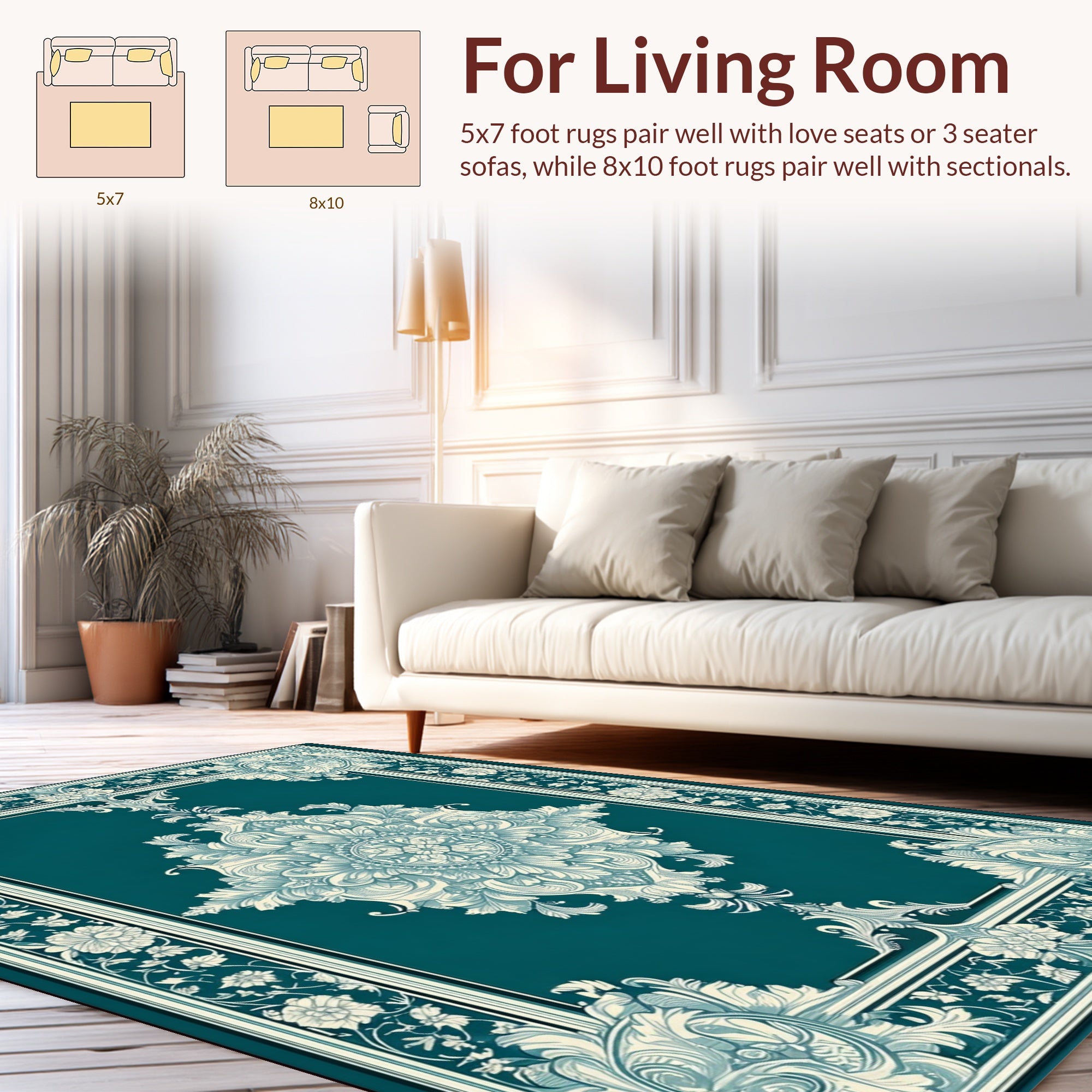 Teal Cream Intricate Floral Frame Rug