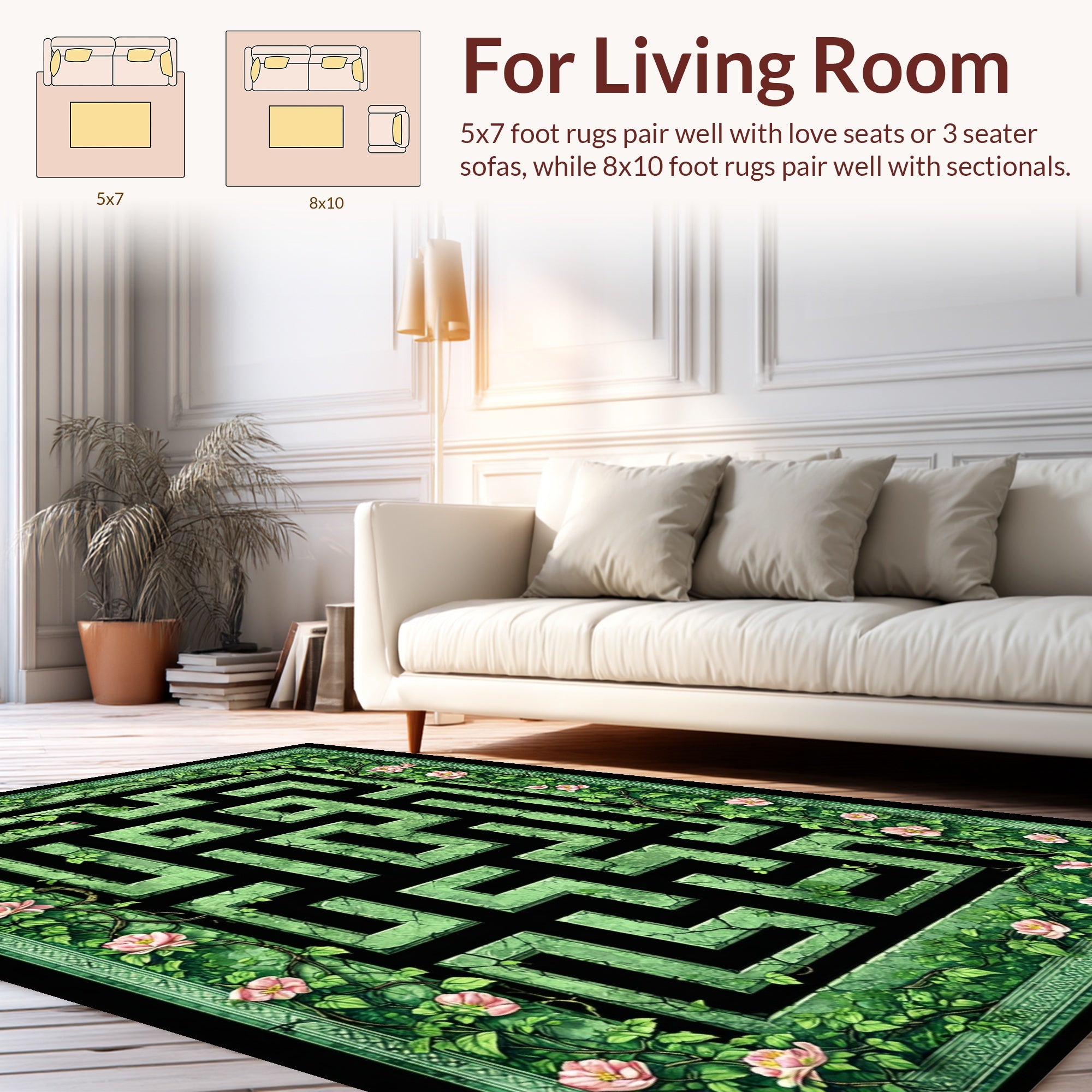 Green Maze With Pink Floral Vines Rug