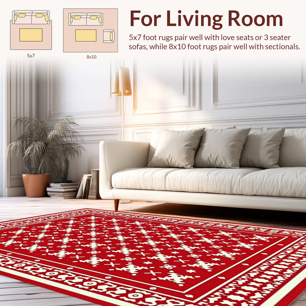 Red Cream Geometric Folk Pattern Rug