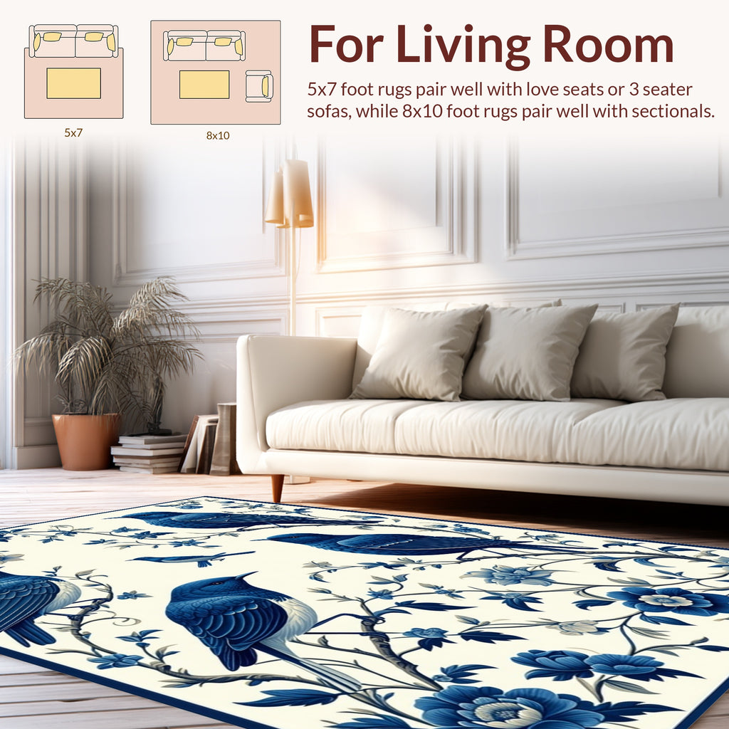 Blue Birds Blossoms Floral Design Rug
