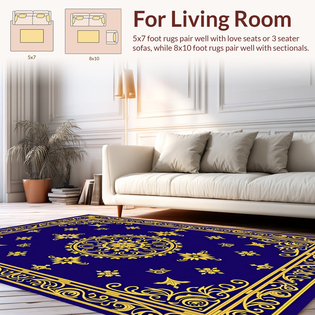 Gold Floral Medallion Royal Blue Rug