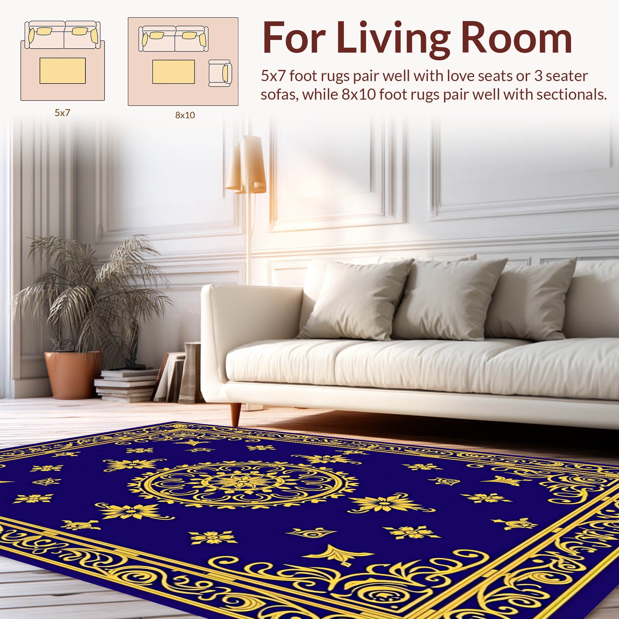 Gold Floral Medallion Royal Blue Rug