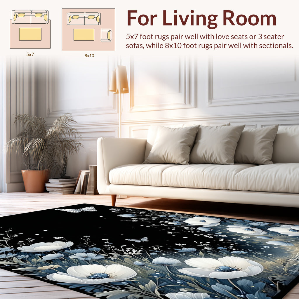 Night Garden Butterflies White Poppies Rug