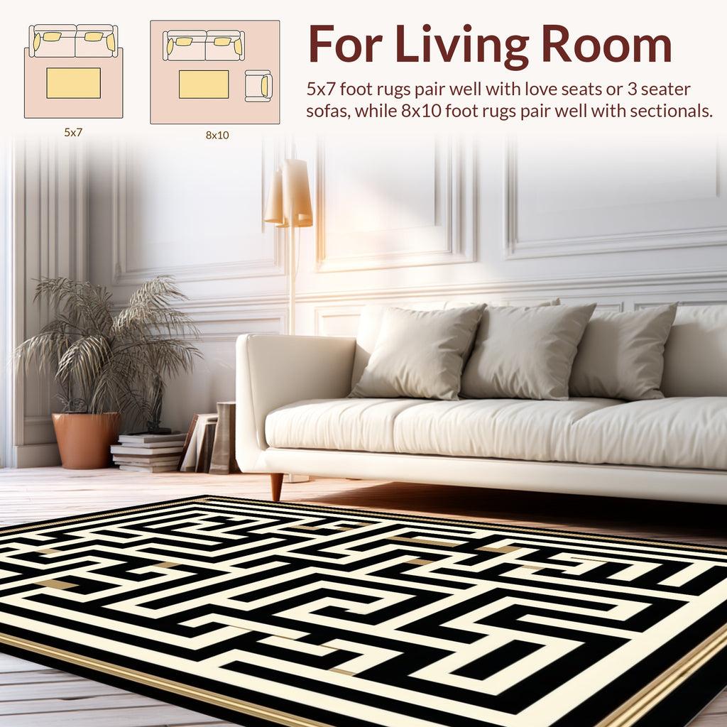 Modern Black And Cream Maze Design Rug