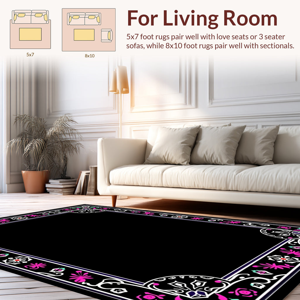 Ornate Floral Border With Pink Accents Rug