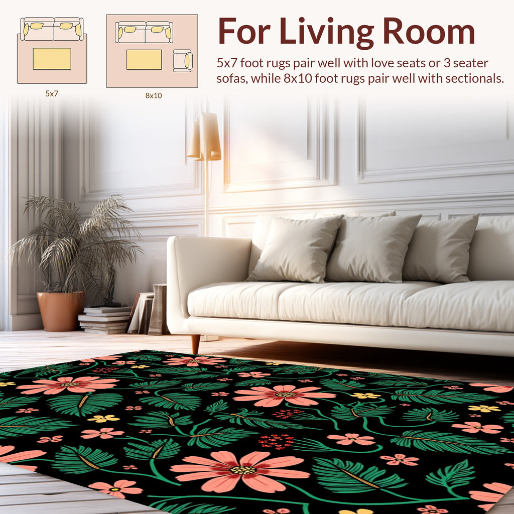 Vibrant Floral Design On Black Canvas Rug