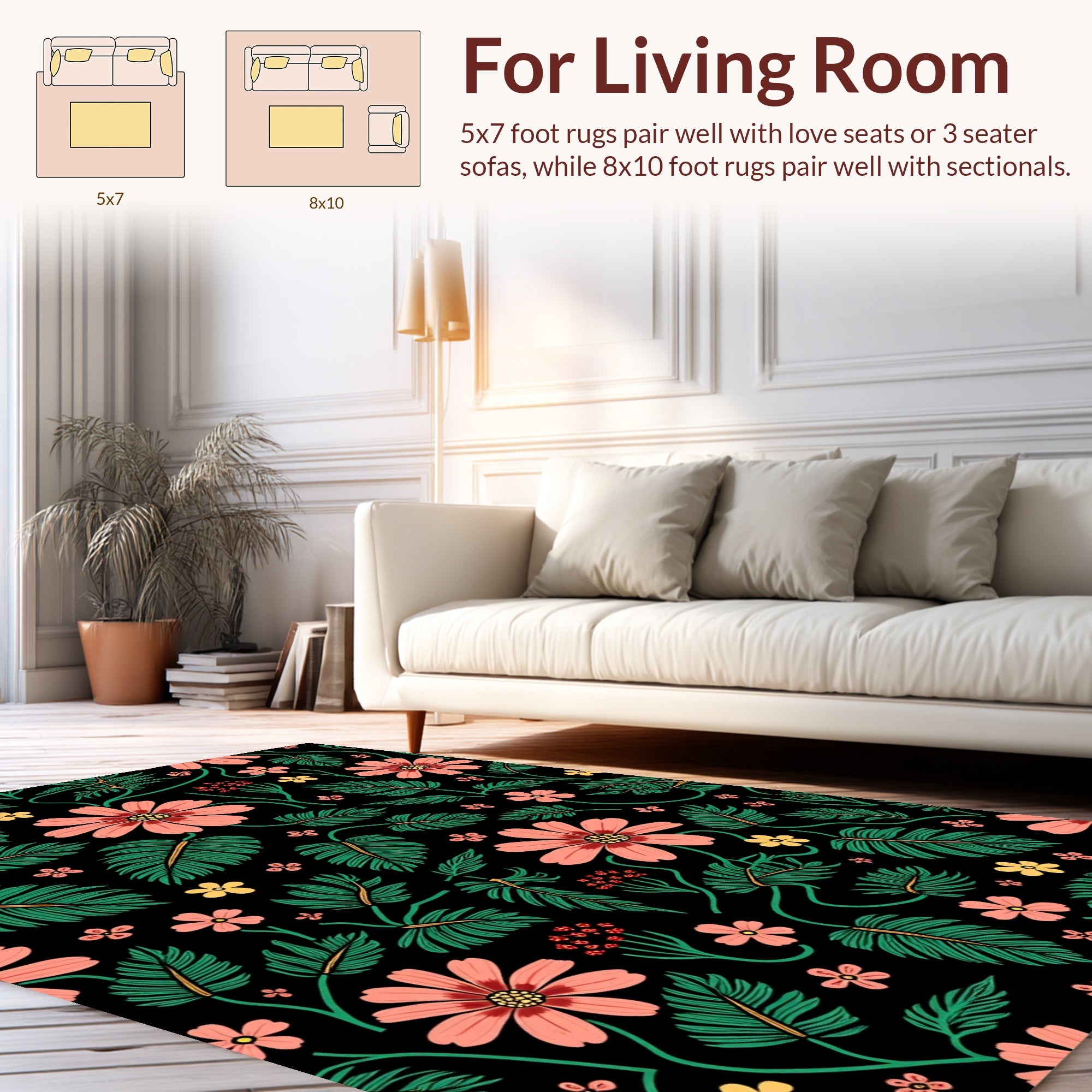 Vibrant Floral Design On Black Canvas Rug