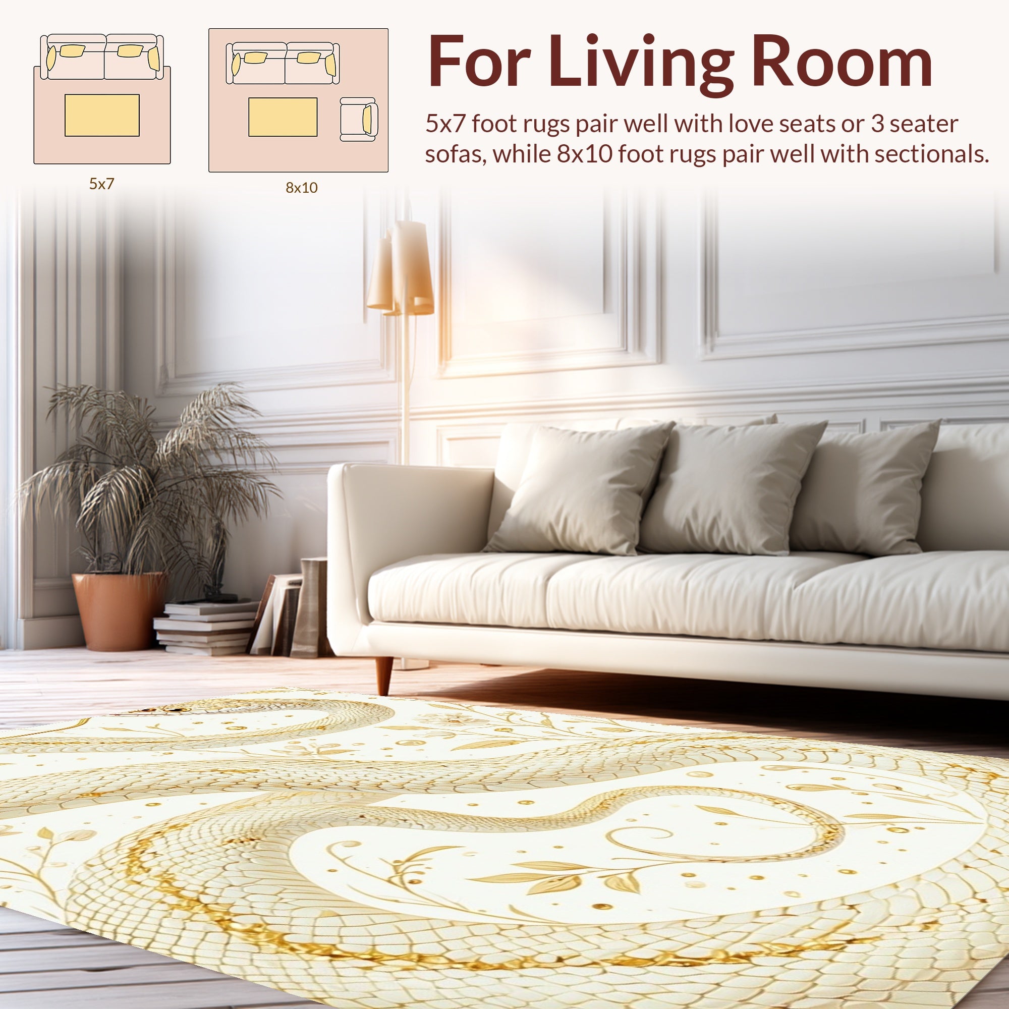Elegant Gold Snake Botanical Art Rug