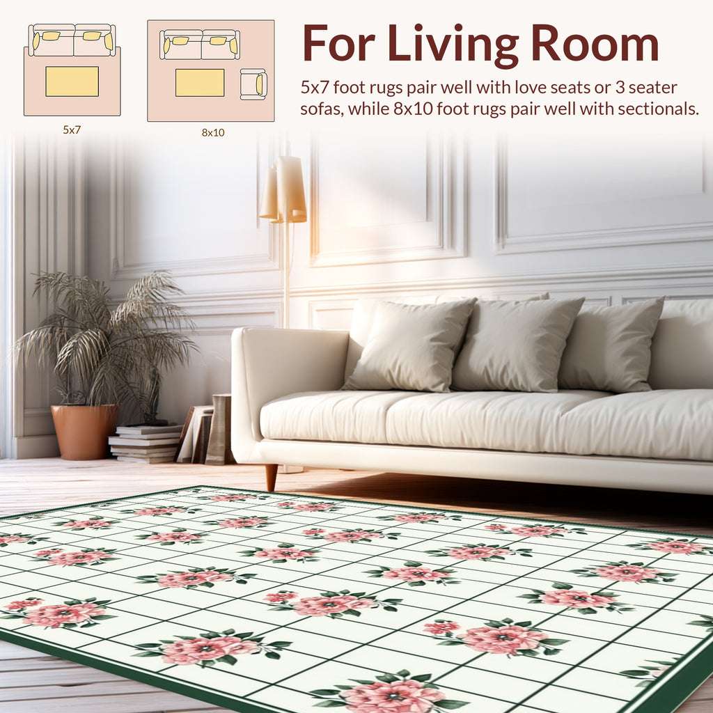Grid Floral Patterned Pink Blossoms Rug