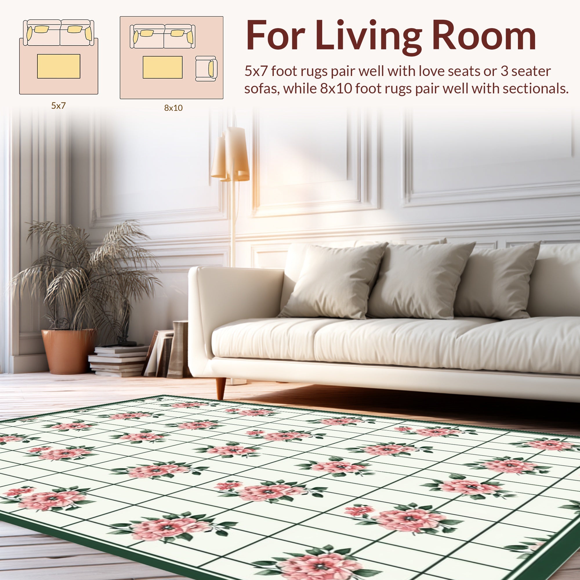 Grid Floral Patterned Pink Blossoms Rug