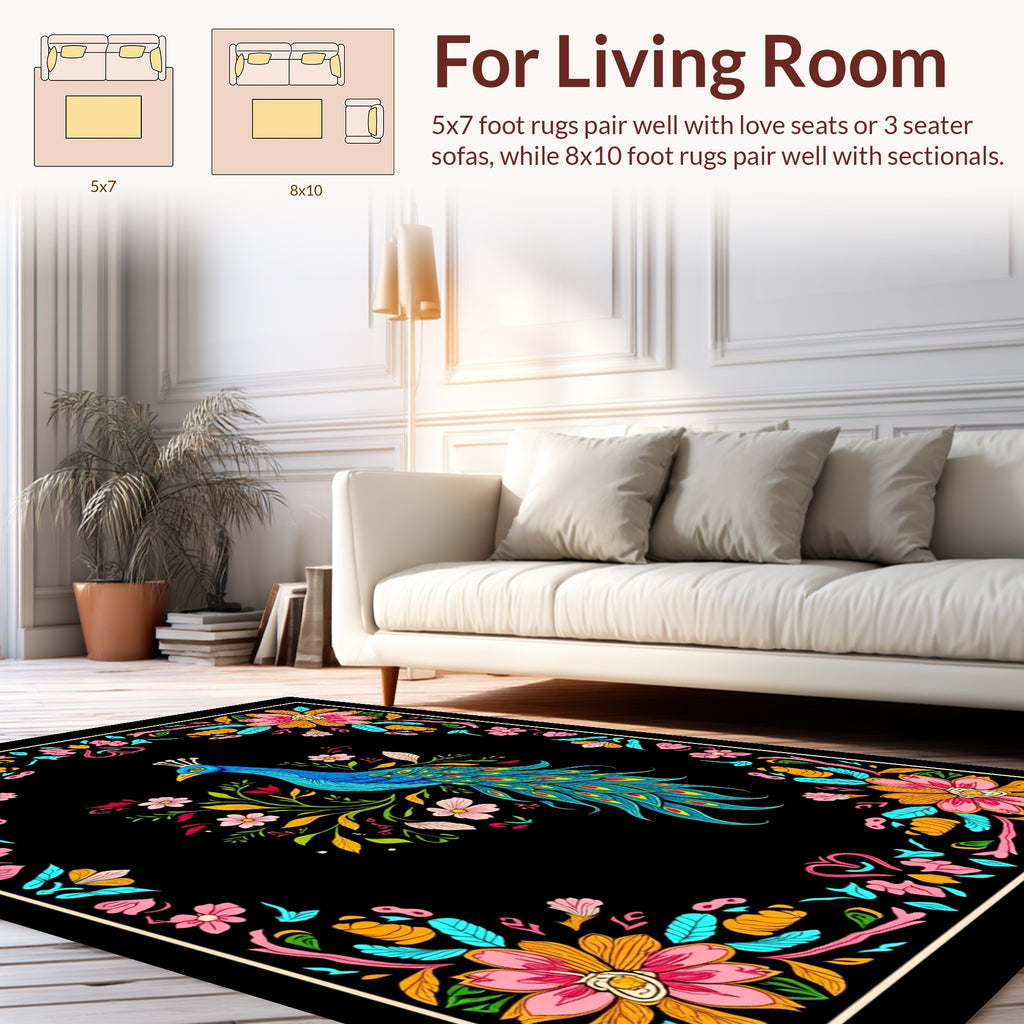 Vibrant Peacock Floral Frame Design Rug