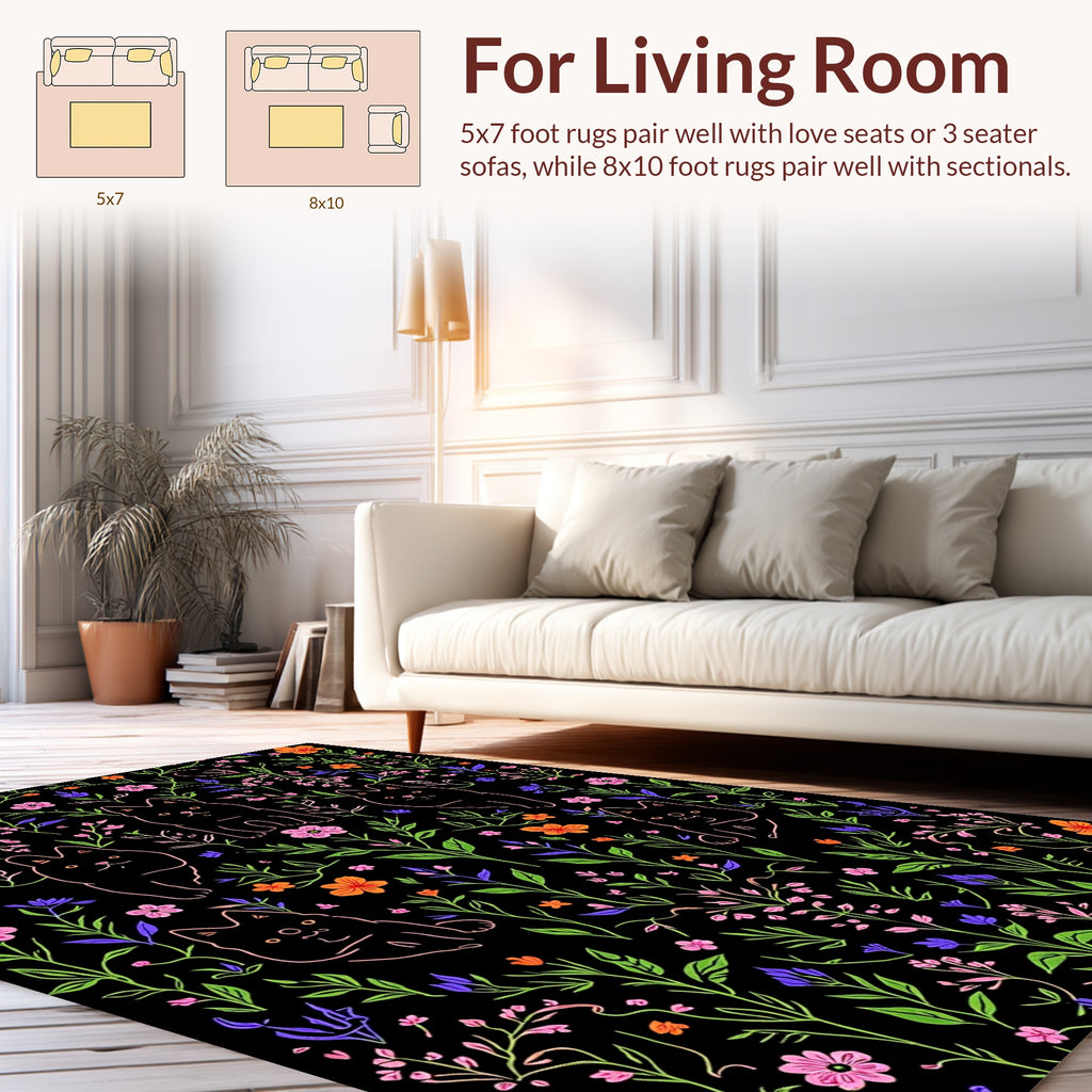 Whimsical Cat Floral Pattern Design Rug