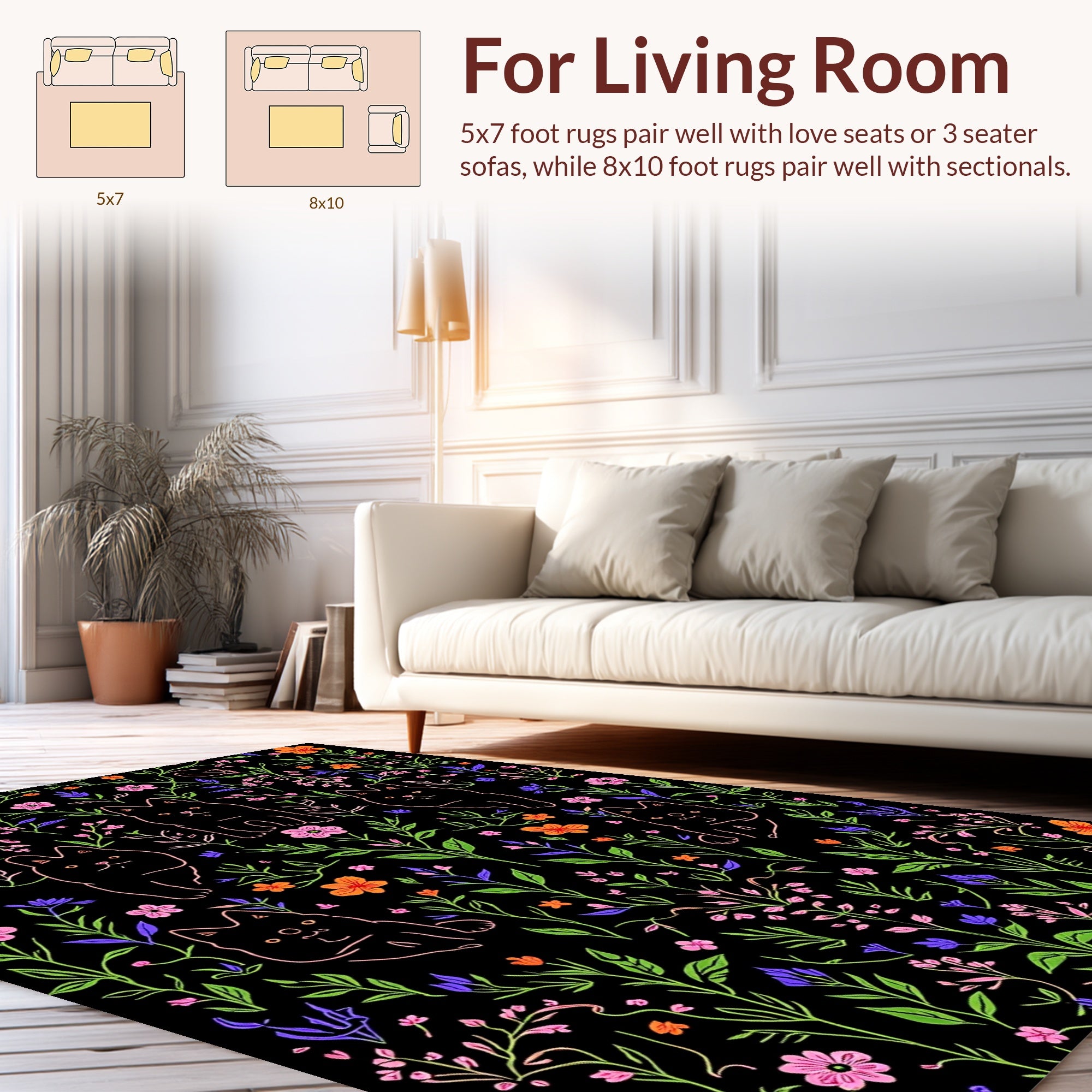 Whimsical Cat Floral Pattern Design Rug