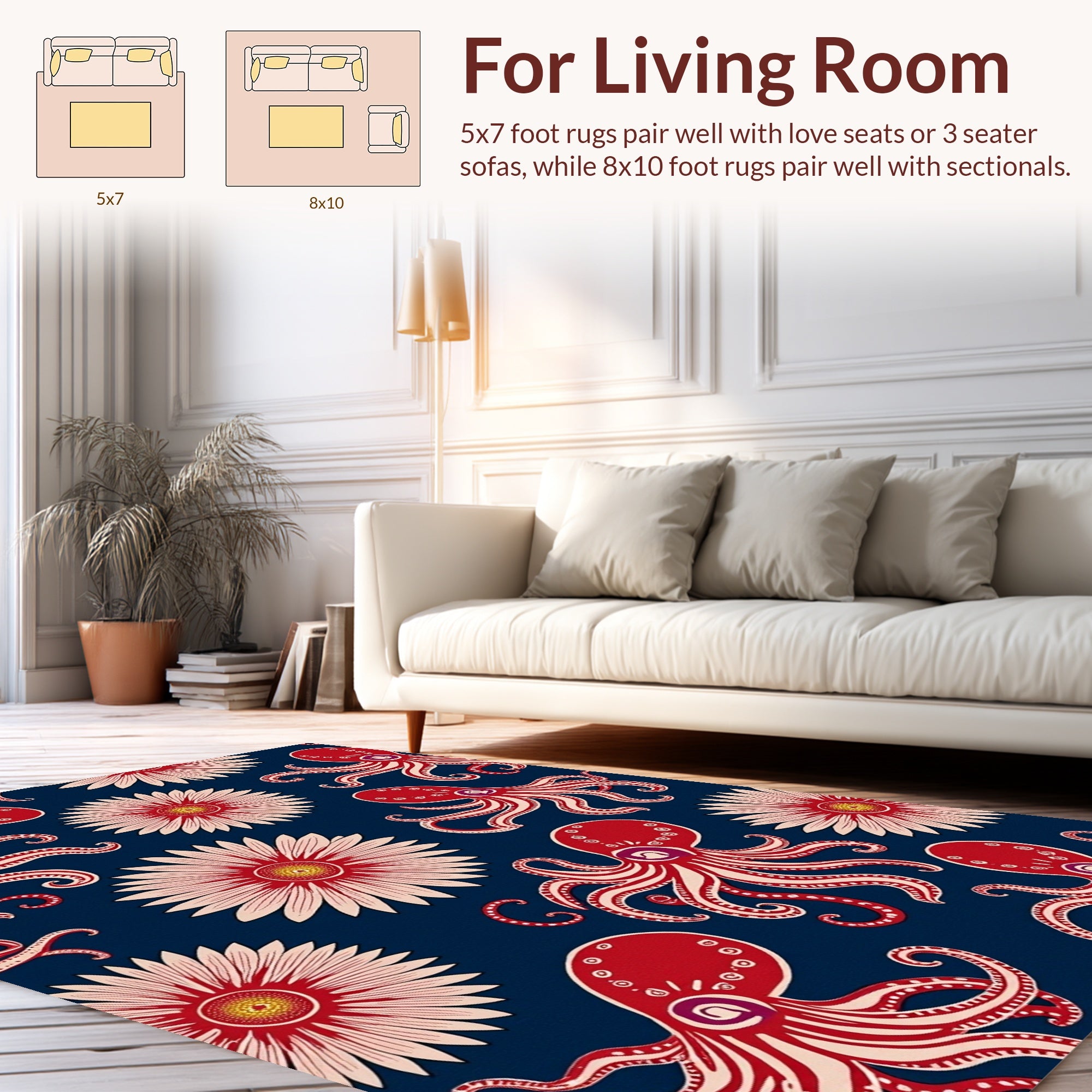 Red Octopus and Floral Print Rug