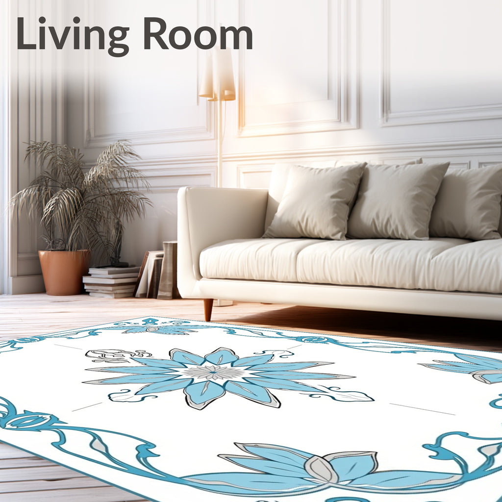 Elegant Cyan Floral Frame Rug