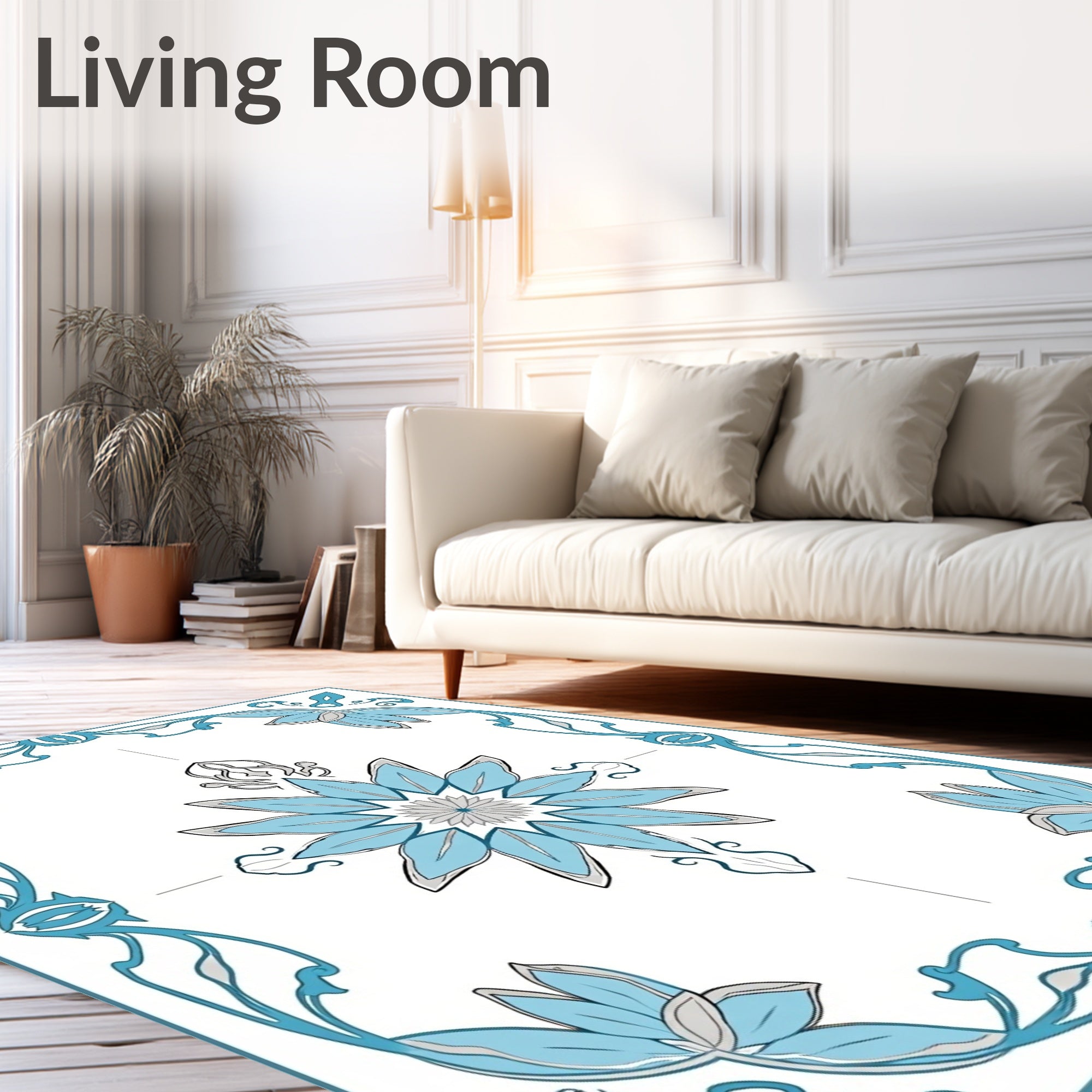 Elegant Cyan Floral Frame Rug