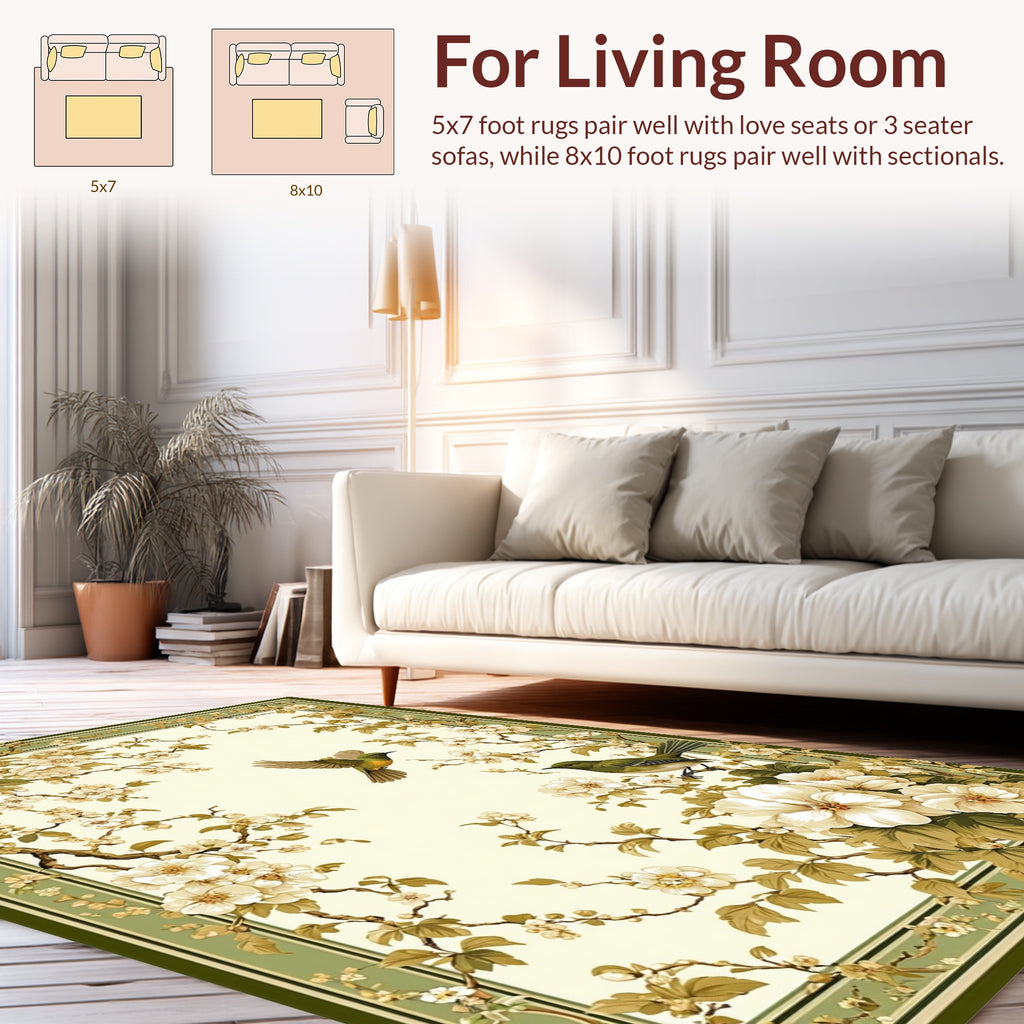 Whimsical Bird Floral Branch Motif Rug