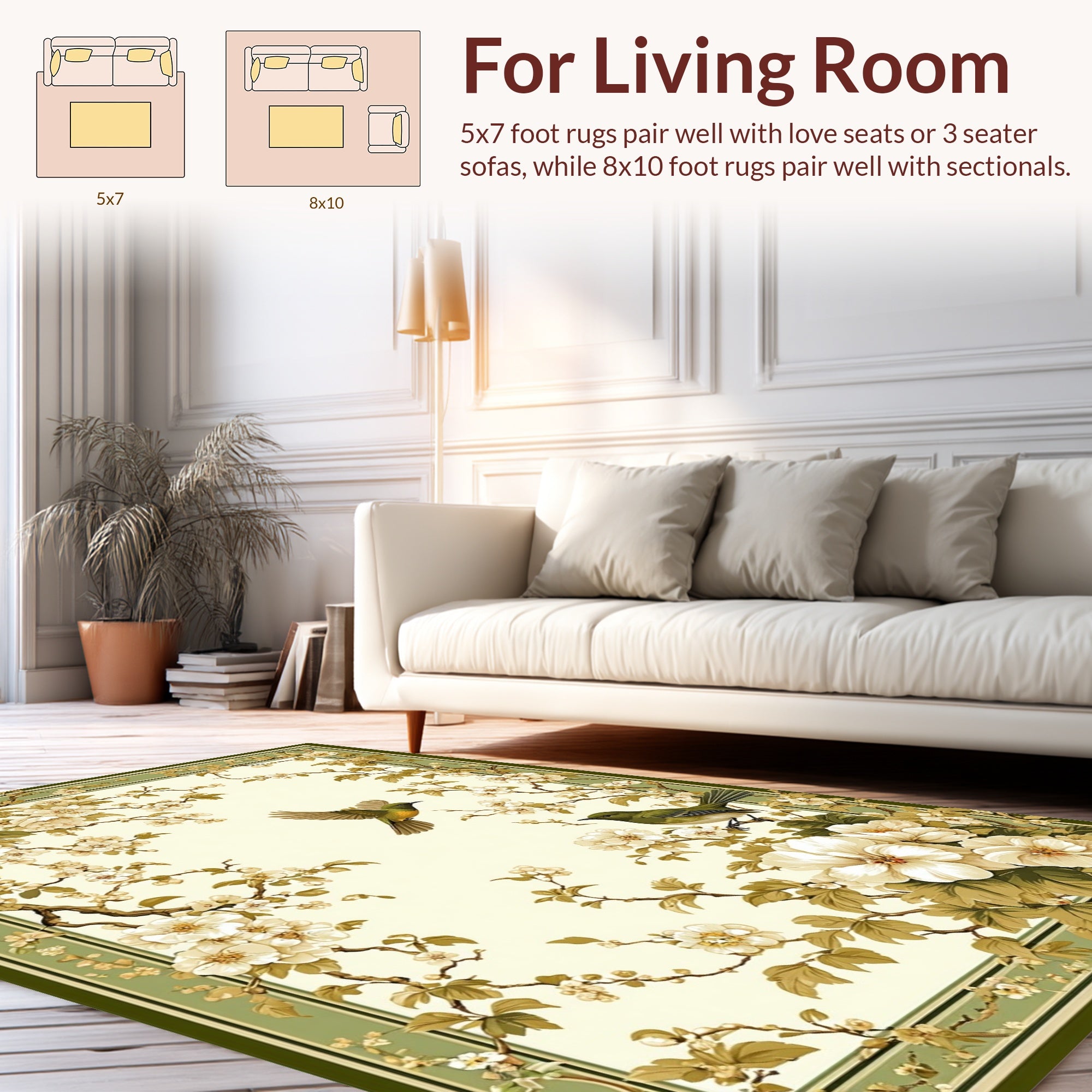 Whimsical Bird Floral Branch Motif Rug