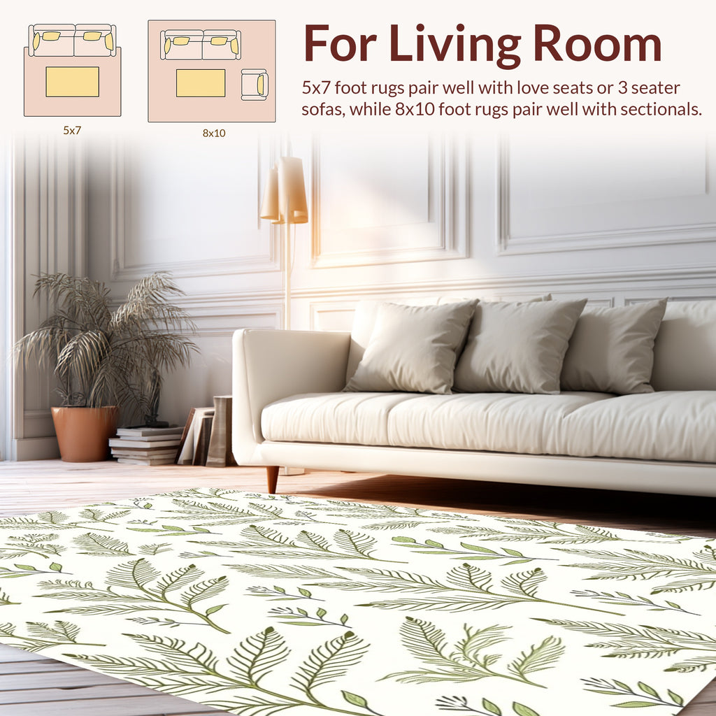 Delicate Green Leaf Botanical Pattern Rug