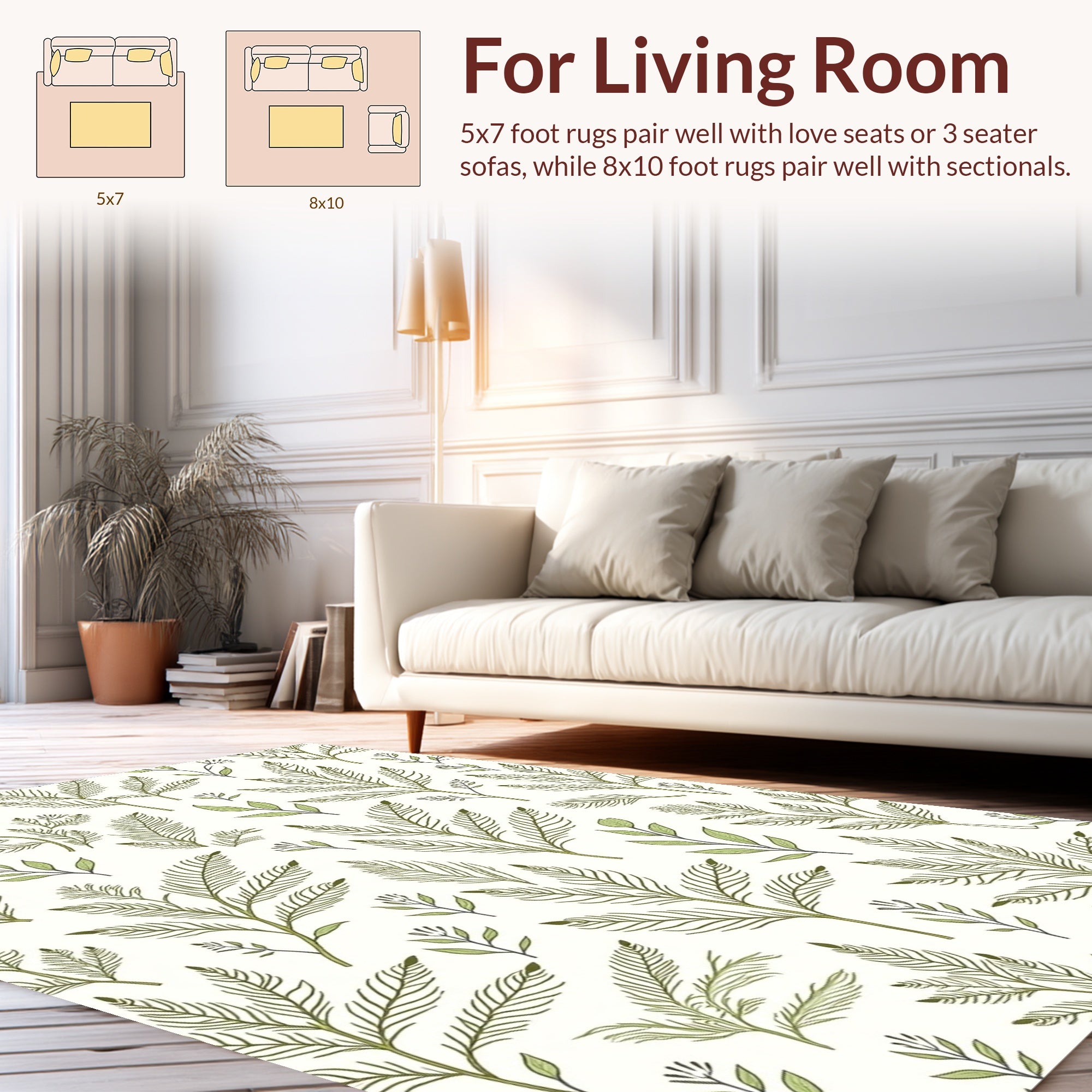 Delicate Green Leaf Botanical Pattern Rug