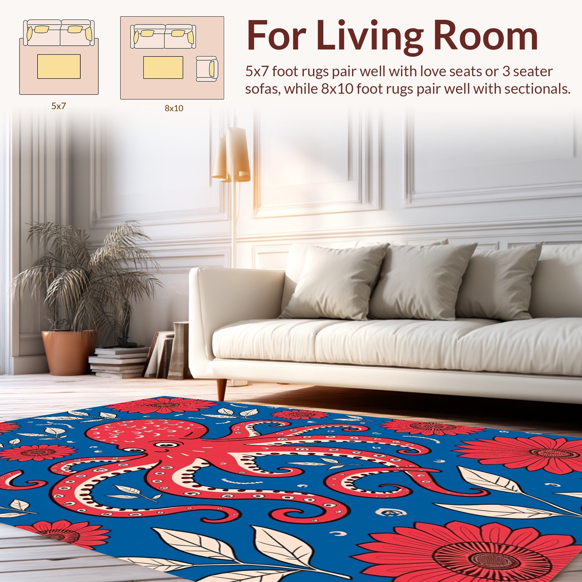 Whimsical Red Octopus Floral Pattern Rug