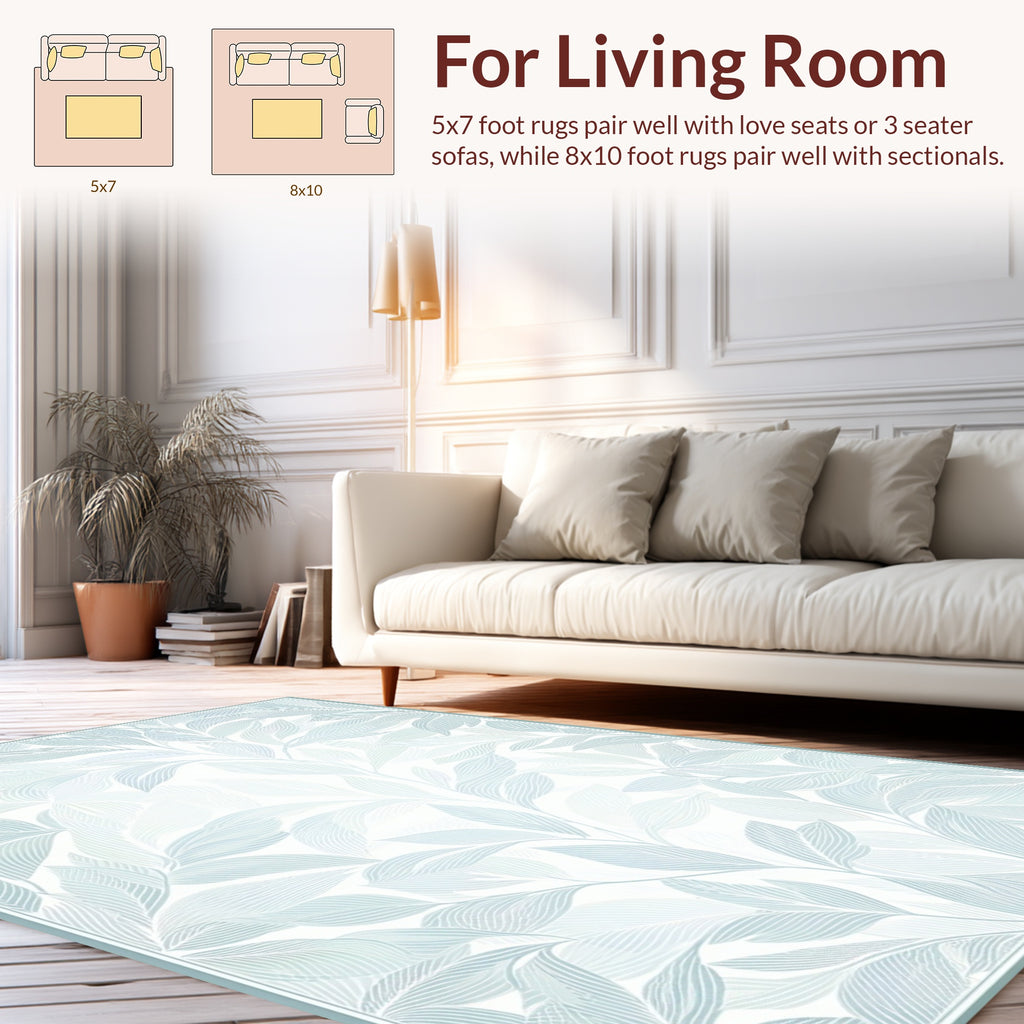 Light Blue Leaf Patterned Design Rug