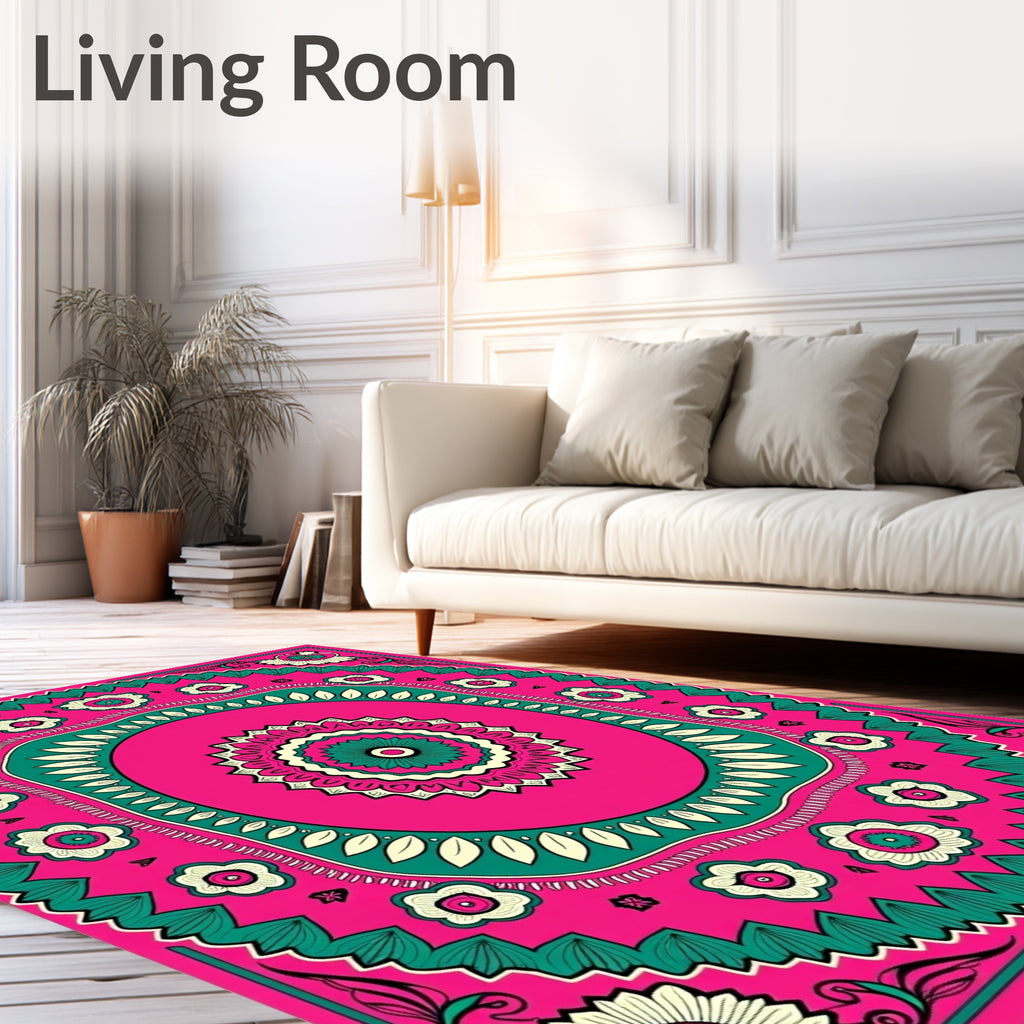 Vibrant Pink Teal Floral Mandala Rug