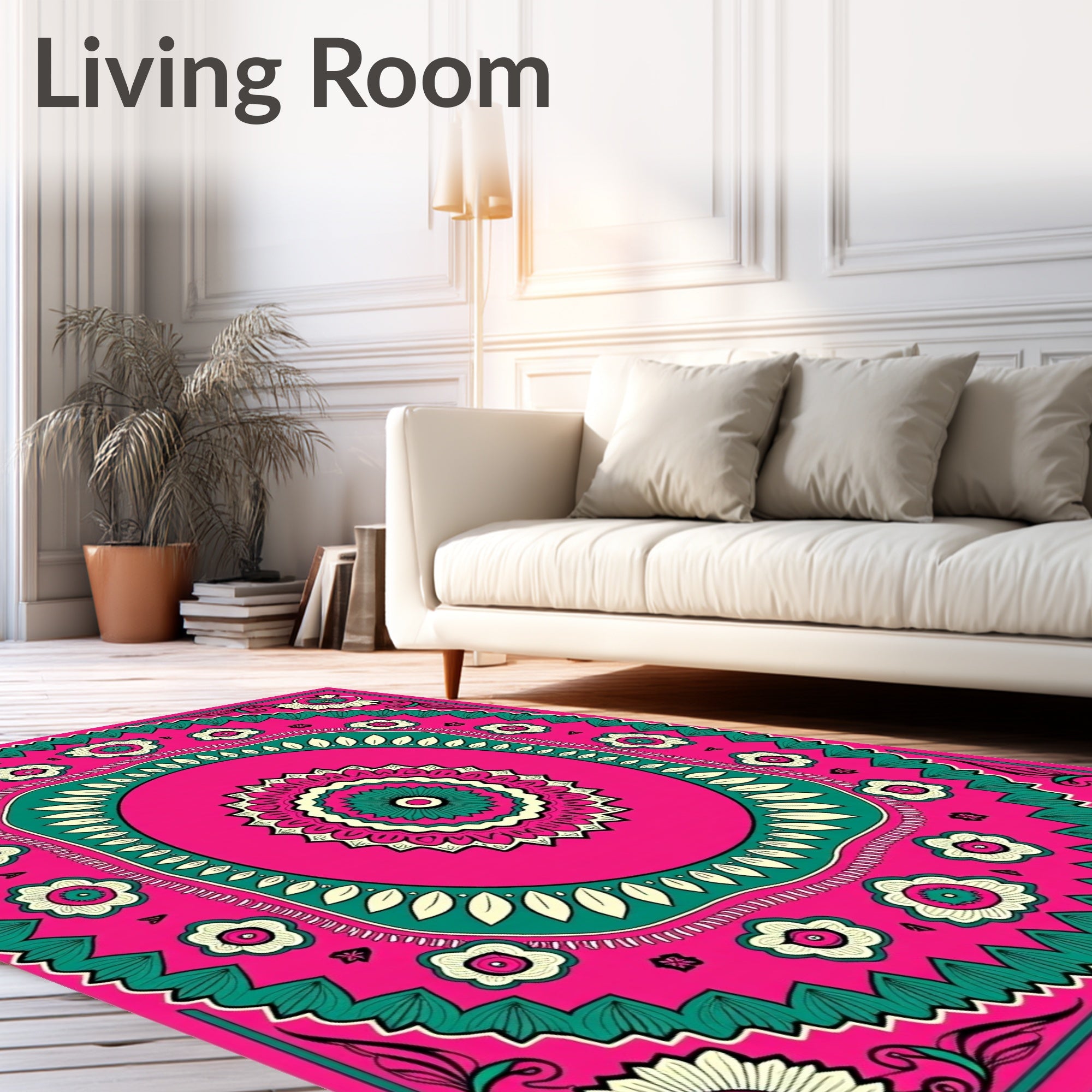 Vibrant Pink Teal Floral Mandala Rug