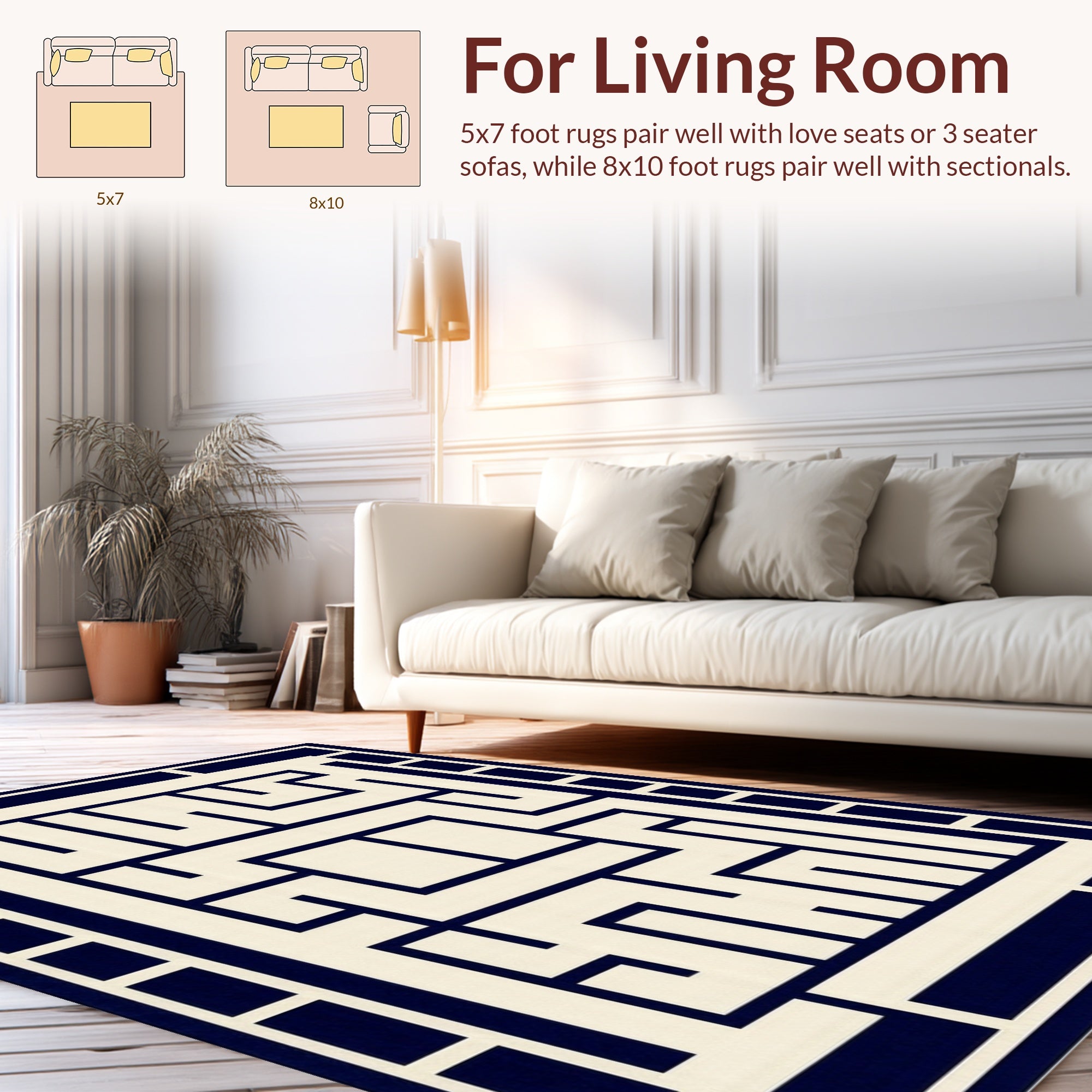 Navy Cream Geometric Maze Pattern Rug
