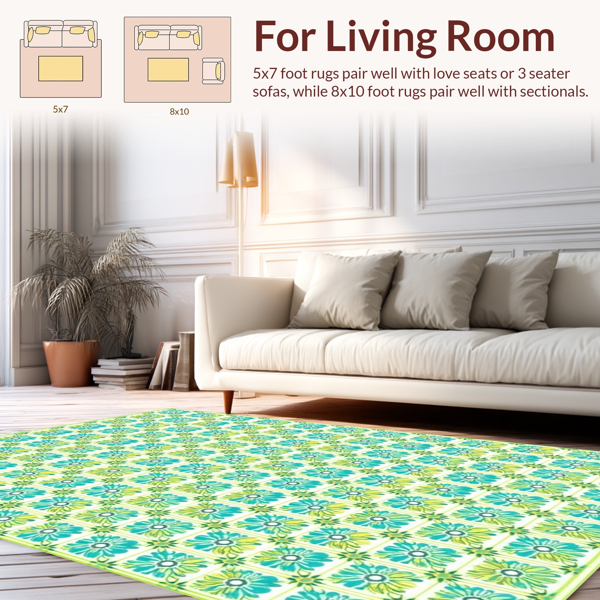 Aqua Yellow Floral Garden Pattern Rug